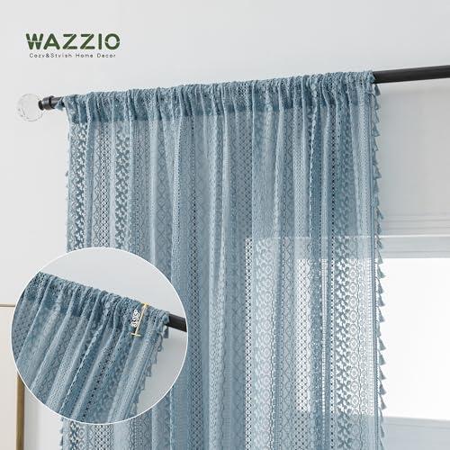 WAZZIO WAZZIO Light Blue Sheer Curtains 84 Inches Long 2 Panels Sheer Lace Pale Blue Curtains for Bedroom Living Room Rod Pocket Tassel Cotton Boho Crochet Curtains Light Filtering Privacy Drapes,Stone Blue