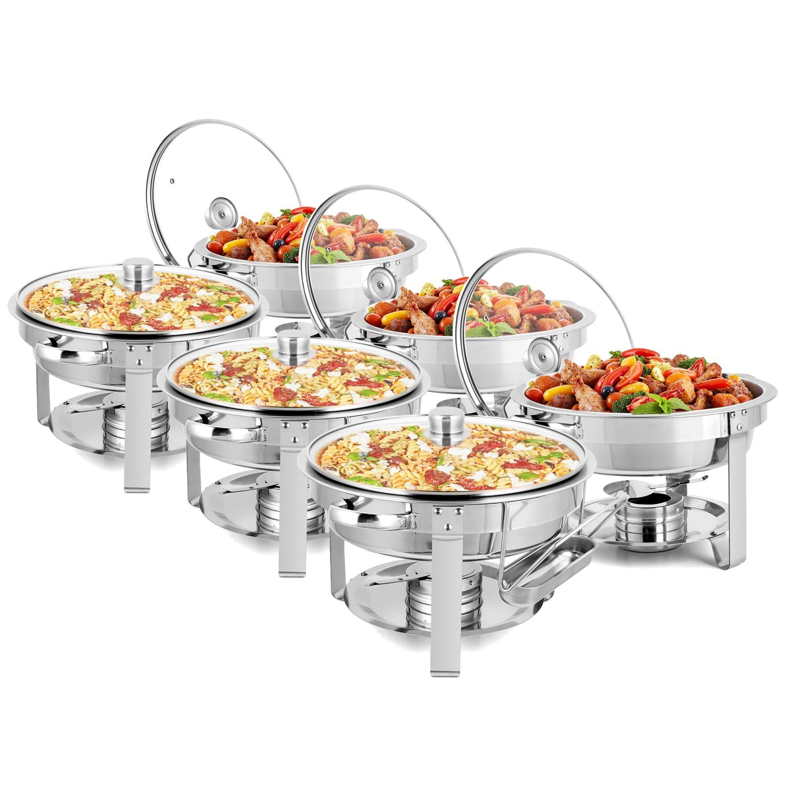 ROVSUN ROVSUN 5Qt 6 Pack Chafing Dish Buffet Set, NSF Stainless Steel Round Chafers for Catering, Buffet Servers and Warmers Set with Glass Lid & Lid Holder for Wedding Party Banquet Event