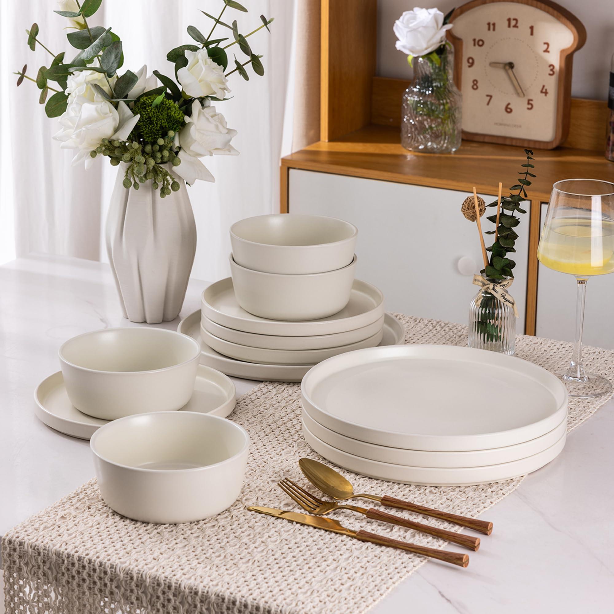 AmorArc AmorArc Ceramic Dinnerware Sets of 4, Modern Flat Stoneware Plates and Bowls Sets,Chip and Crack Resistant | Dishwasher & Microwave Safe Dishes Set,Scratch Resistant- Service for 4 (12pc)-Matte Cream