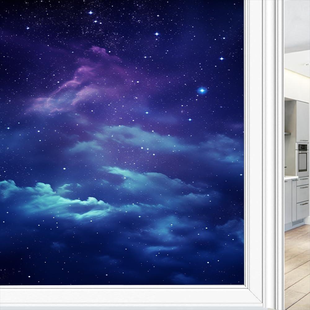 Dunmat Dunmat Gorgeous Galaxy Window Film Sun Blocking Dream Nebula Modern Star Sky Stained Glass Window Film No Glue Decorative Window Cling for Home Window&Glass Door 27.6Wx39.4L