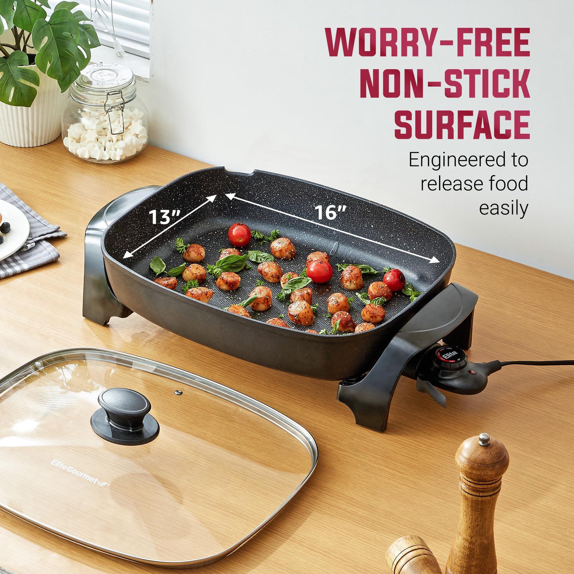 Elite Gourmet Elite Gourmet EG6203 Extra Deep 16"x13"x3.2" (10.5Qt.) Scratch Resistant, Easy Pour Spout, Dishwasher Safe, Non-stick Electric Skillet with Vented Glass Lid, Adjustable Temperature, Black