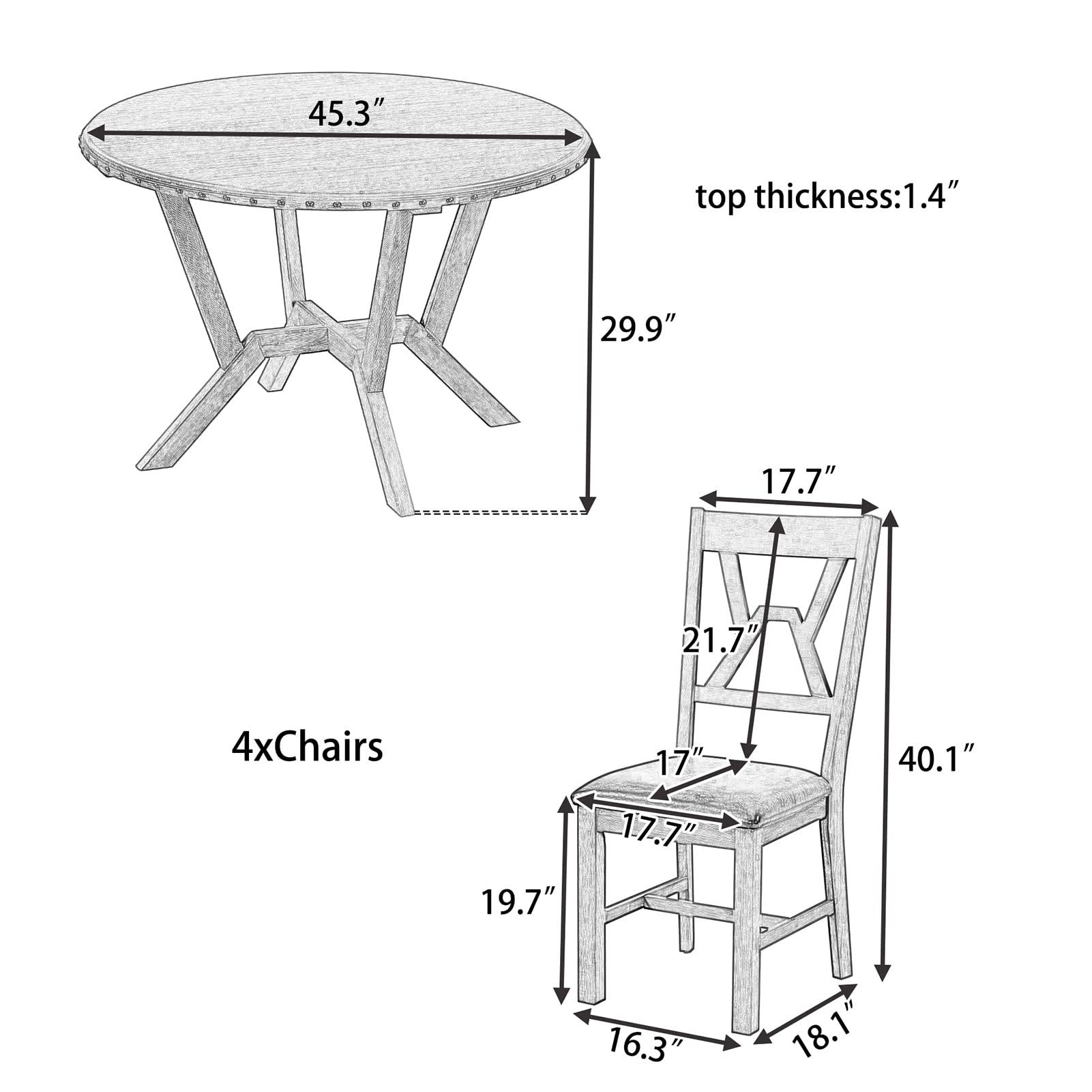 Bituman Wood Kitchen Table Set for 4, Round Dining Table with 4 Upholstered Chairs with Footrests Kitchen Dining Set with Cross Legs Farmhouse Counter Height Table Set, for Dining Room/Kitchen/Compact Space