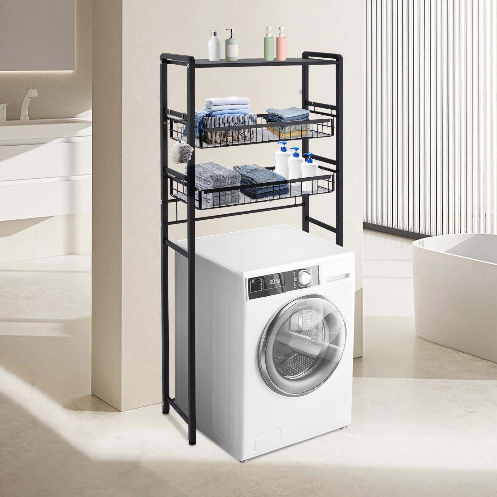 WXLTSGM WXLTSGM 3 Tier Washing Machine Shelf, Multifunctional Laundry Room Storage Shelf, Over Washer and Dryer Shelves Space Saving Organizer for Storing Paper Towels, Cleaning Supplies, Cosmetics (Black)