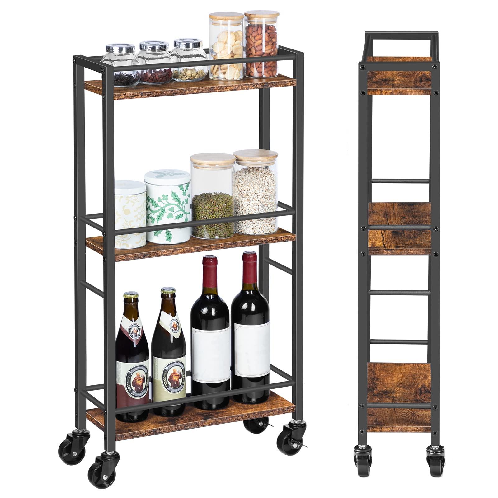 MAHANCRIS MAHANCRIS Slim Rolling Cart, Mobile Kitchen Cart on Wheels, Narrow Storage Cart for Small Space, Wooden Service Cart, for Bathroom, Laundry, Living Room, Rustic Brown RCHR1501Z