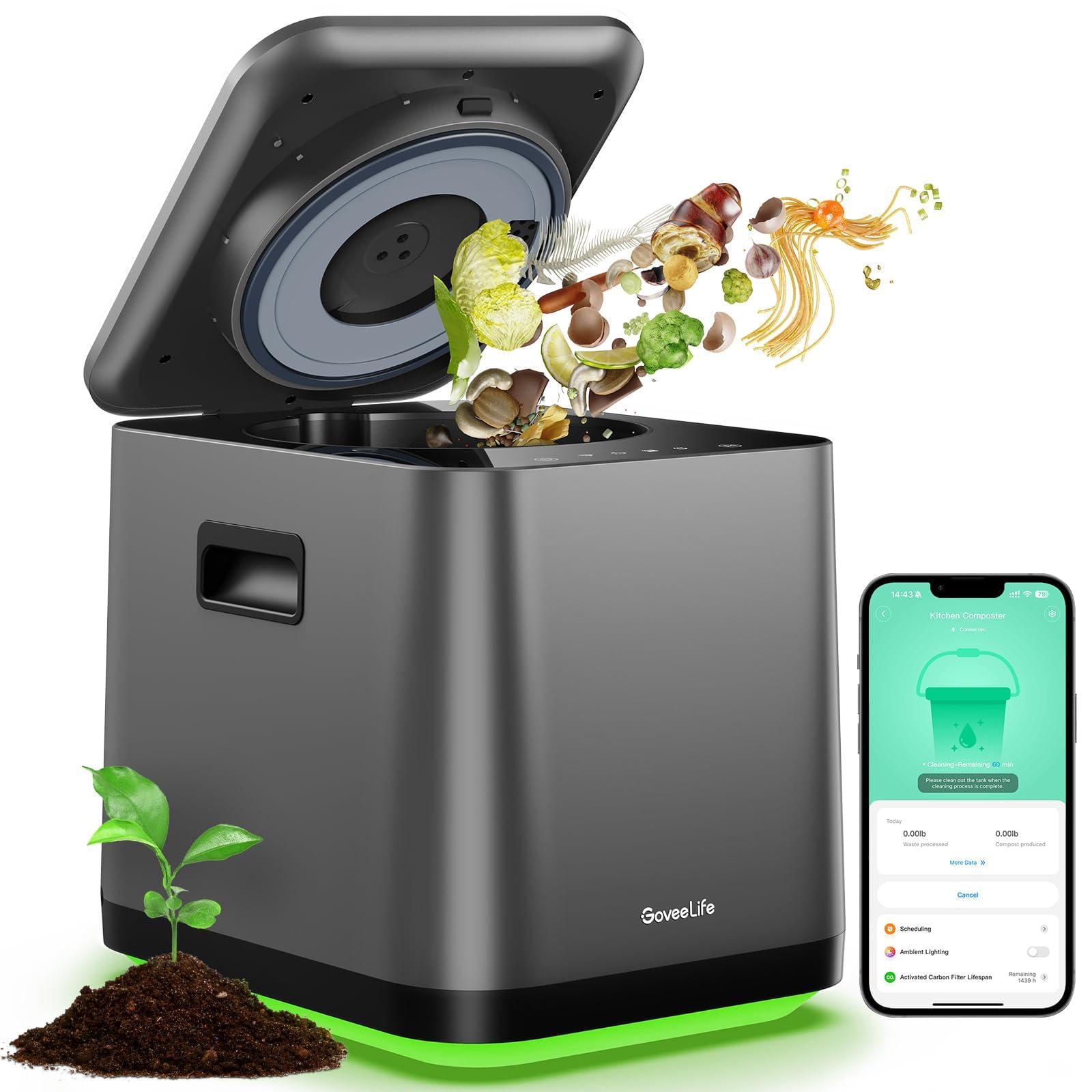 GoveeLife GoveeLife Smart Electric Composter for Kitchen, 3L Compost Bin Indoor Odorless with App & Voice Control, Auto-Cleaning, 3 Modes, Turn Food Waste to Fertilizer for Garden, Food Waste Compost Machine