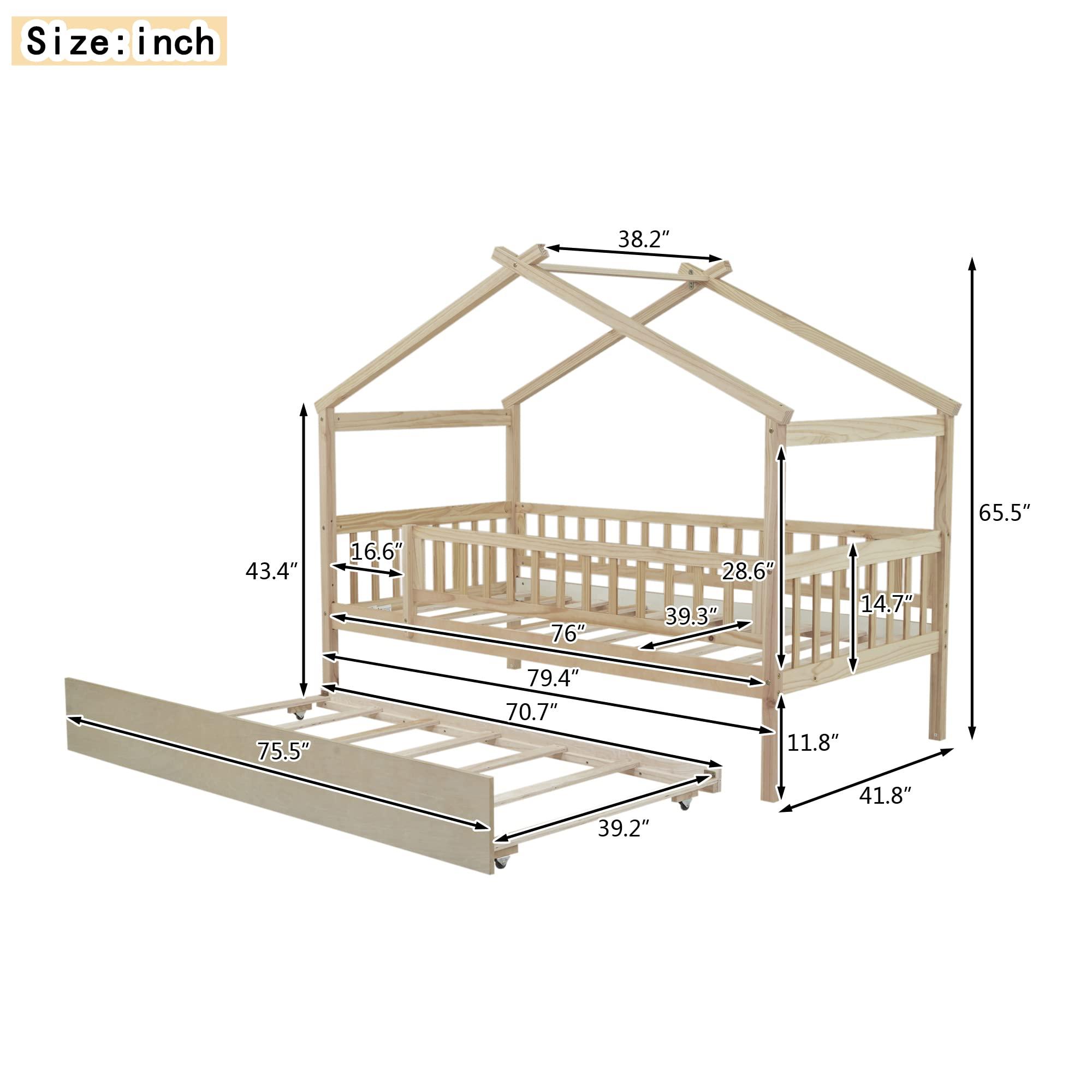 Yoglad Yoglad Twin Size Wooden House Bed with Twin Size Trundle and Fence-Shaped Guardrail, House Bed Frame Can Be Decorated Wood Playhouse for Girls, Boys (Natural)