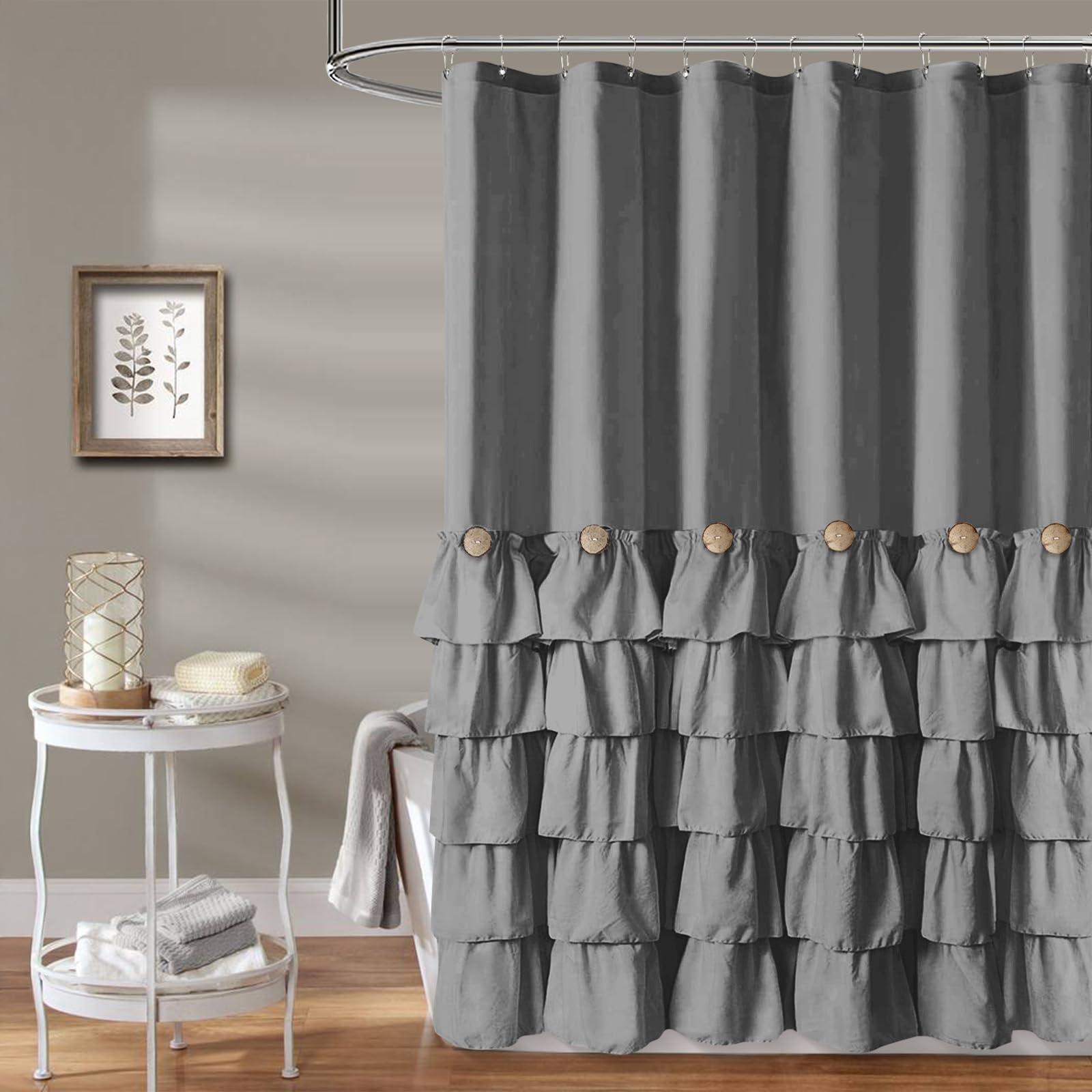 Seasonwood Grey Ruffle Button Shower Curtain Farmhouse Shower Curtain Set with 12 Hooks 72 X 72 inch Fabric Shower Curtains for Bathroom Bathtubs Decor Accessory Shabby Chic French Country Style