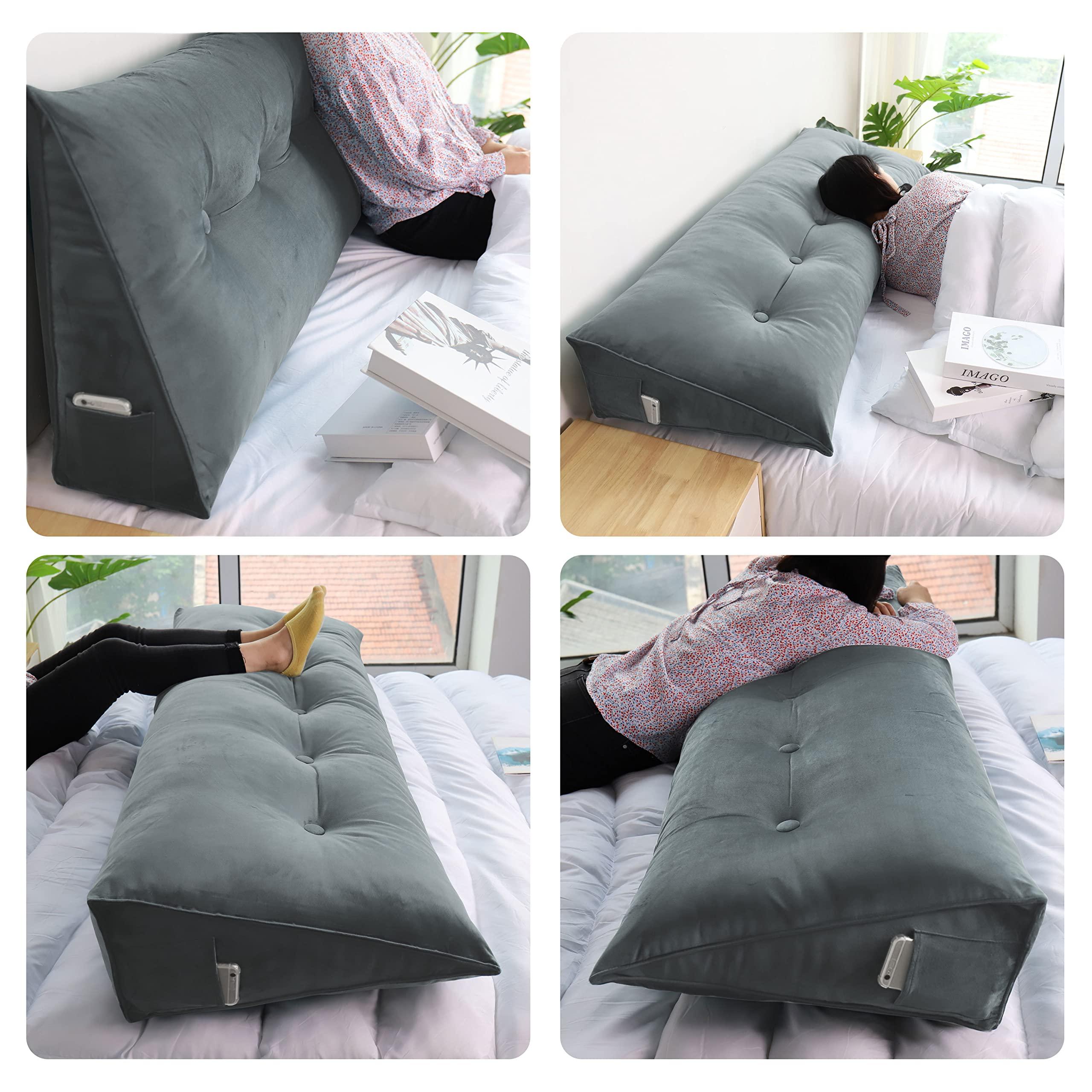 VERCART VERCART Large Headboard Pillow Wedge Bed Rest Reading Pillow Daybed Pillows Triangular Headboard Wedge Pillows Bolster Gap Filler Triangle Back Cushion Long Wedge Pillow, Velvet Light Gray Twin