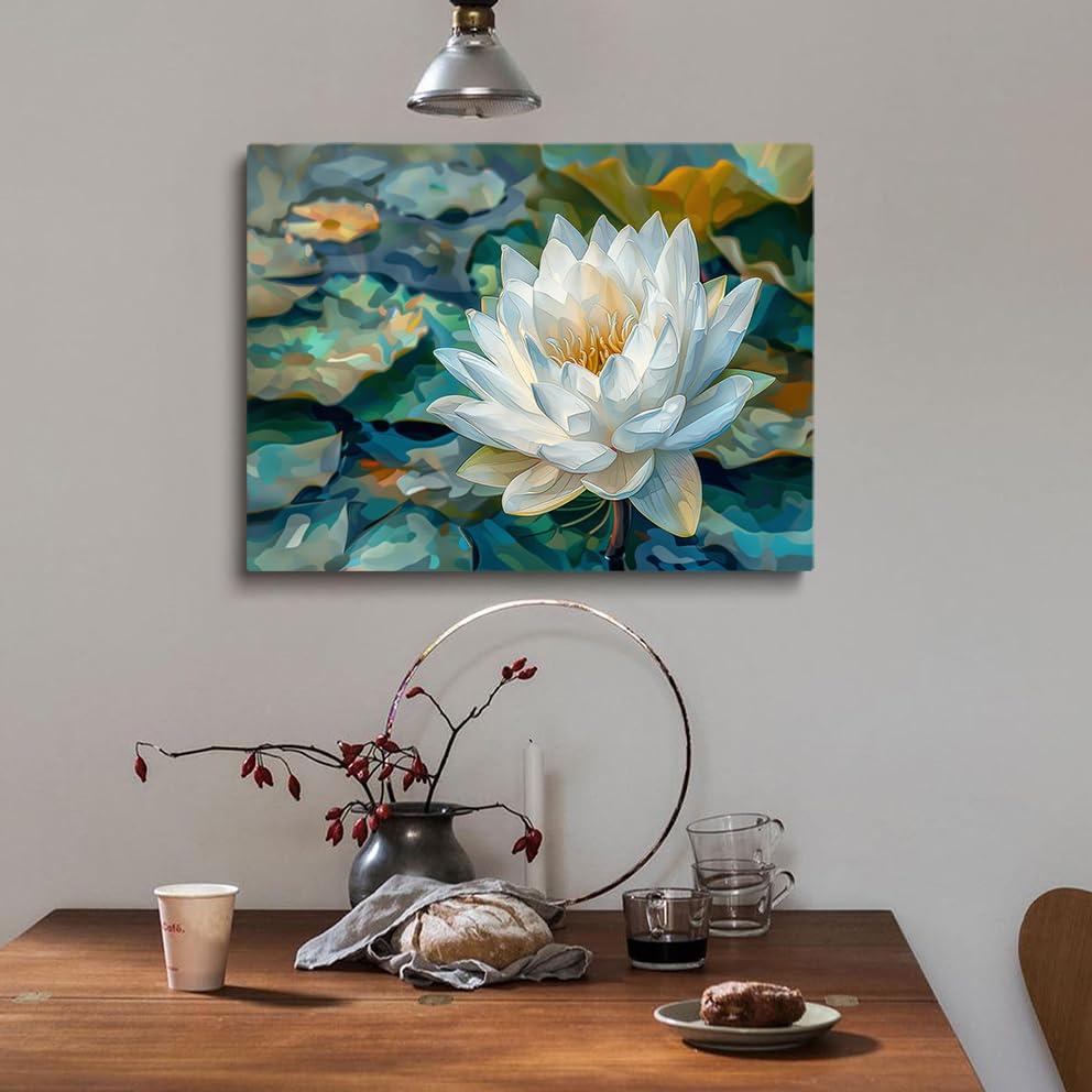 Generic Generic Zen Wall decoration Lotus art Plant Wall art Blooming White Lotus Painting Flower Art Abstract wall art Oriental style wall painting 24x36 poster frame