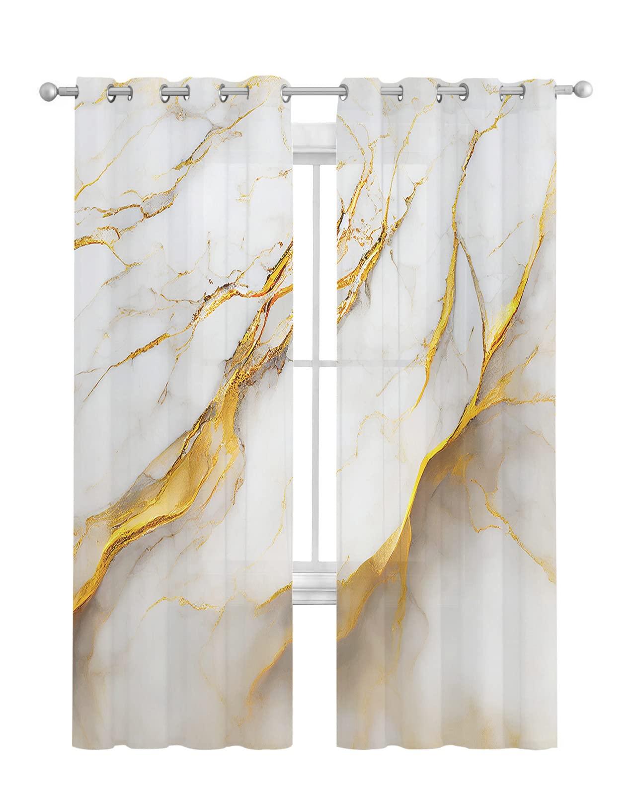 Homechoid Marble Gold Grey Sheer Curtains 45 Inches Long 2 Panel Set, Modern Abstract Minimalist Art Light-Filtering Semi Sheer Drapes Window Curtains for Living Room/Bedroom 52x45x2