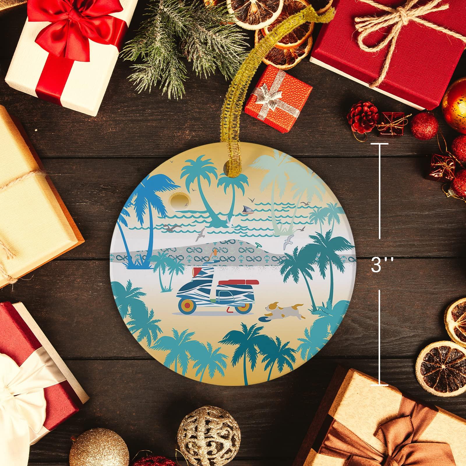 LEOSUCRE 2022 Christmas Ornaments Xmas Tree Hanging Ornaments, Beach Scenery Ornaments Gift for Friend Family Holiday Palm Tree Motorcycles Sunset Hanging Christmas Tree Ornaments Decor Round 3\"