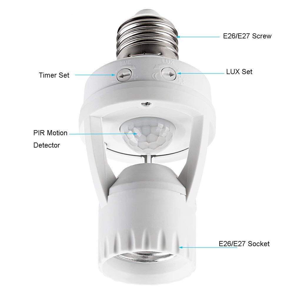 LPHUMEX Motion Sensor Light Socket, PIR Motion E26 Screw Bulb Adapter, Adjustable Auto On/Off Night Light Control, Garage Light, for Basement, Pantry Room, Storage Room, Garage Light