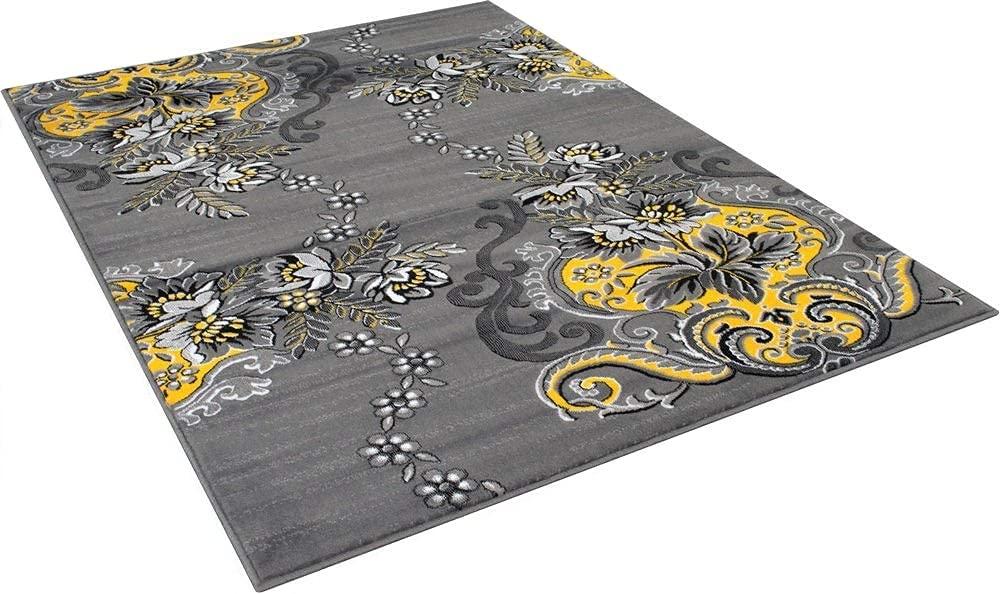 Champion Rugs Champion Rugs Modern Floral Traditional Yellow Grey Black Area Rug Carpet (5 3 X 7 5)