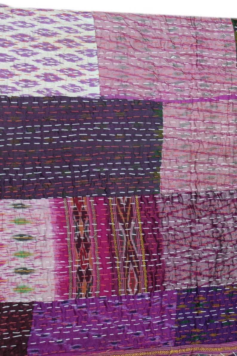 Foziya Qureshi Bohemian Patchwork Kantha Quilt, Boho King Size Bedding Throw Blanket, Patola Silk Patch Work Kantha Quilt, Handmade Kantha Bedcover (Purple, 108"x 108" Inch)