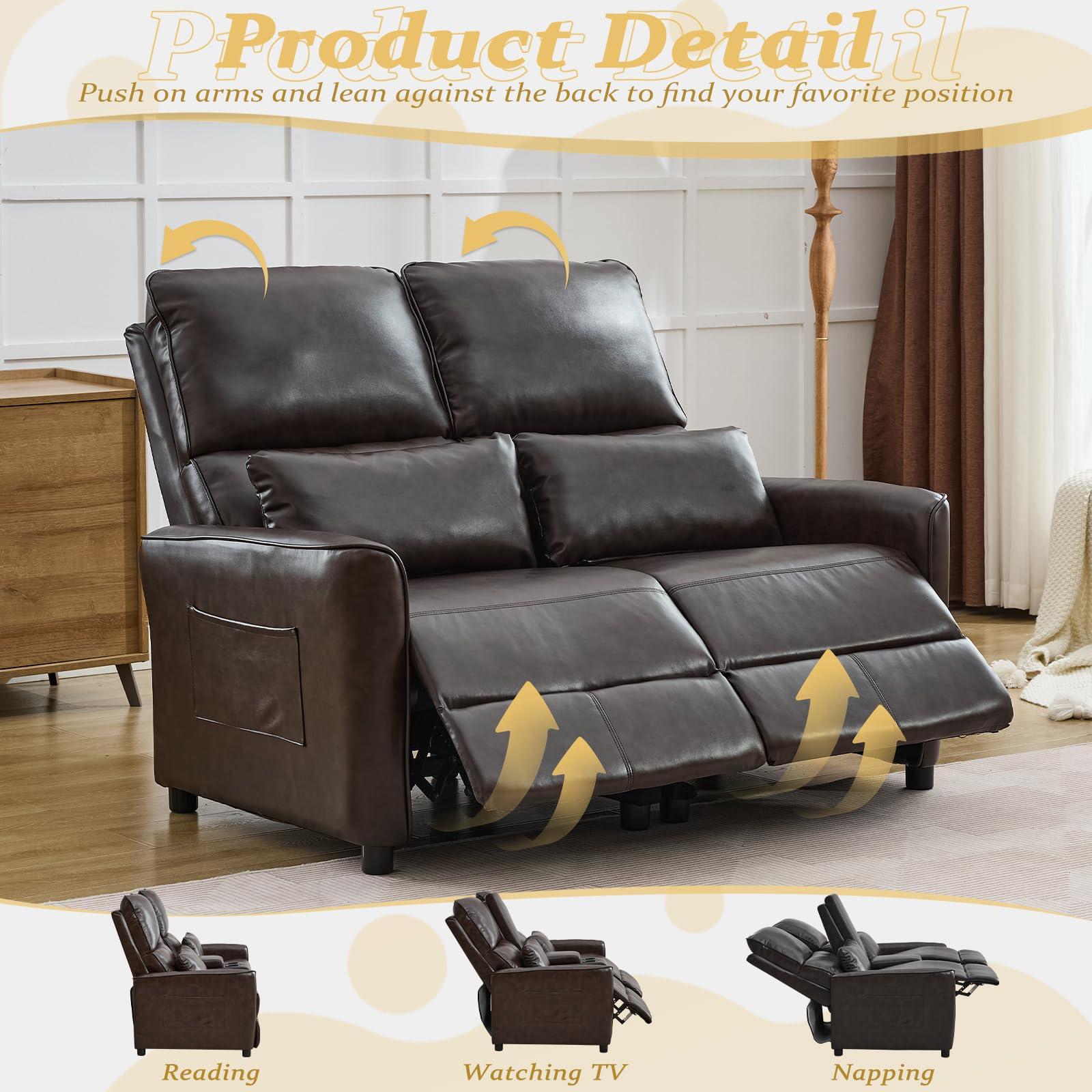 Houjud Houjud Manual Loveseat Recliner, 2 Seater Reclining RV Sofa Chair with Side Pockets/Lumbar Pillow, Faux Leather Double Pushback Recliner Loveseat Sofa Chair for Living Room (Red Brown)