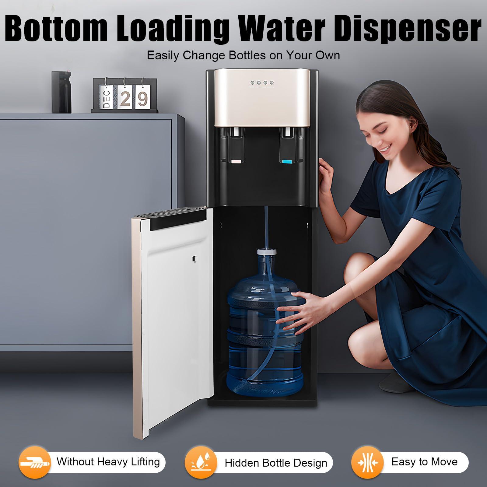 KWCWB Bottom Loading Water Cooler Dispenser for 5 Gallon Bottles - Hot & Cold Water, Stainless Steel 5 Gallon Water Dispenser with LED Light for Home, Offices, Hotels, Kitchens (Gold)
