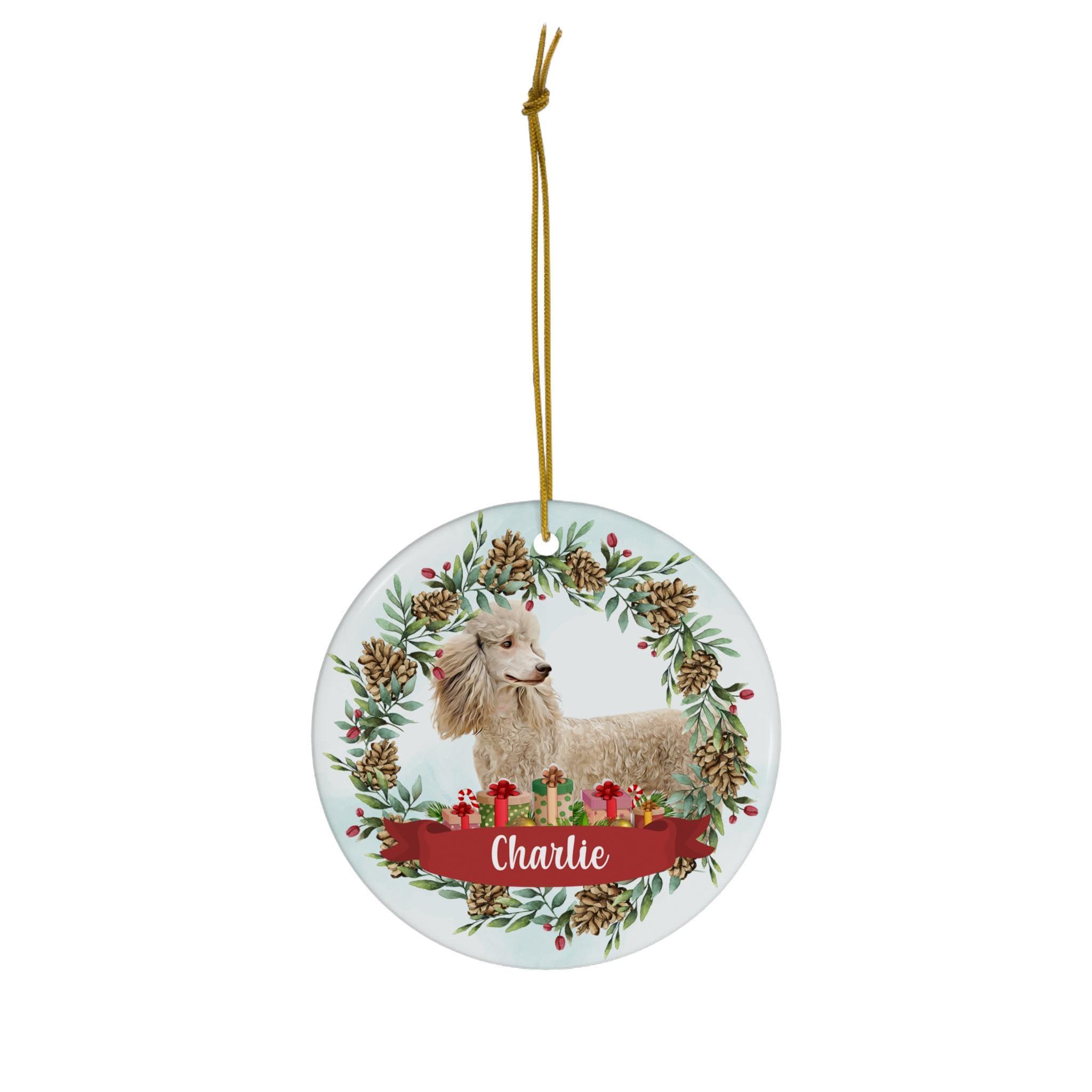 Lovesout Pinecones Theme Design with Silver Beige Standard Poodle Personalized Christmas Ornaments 2024 Circle White Ceramic Puppy Owner Gifts