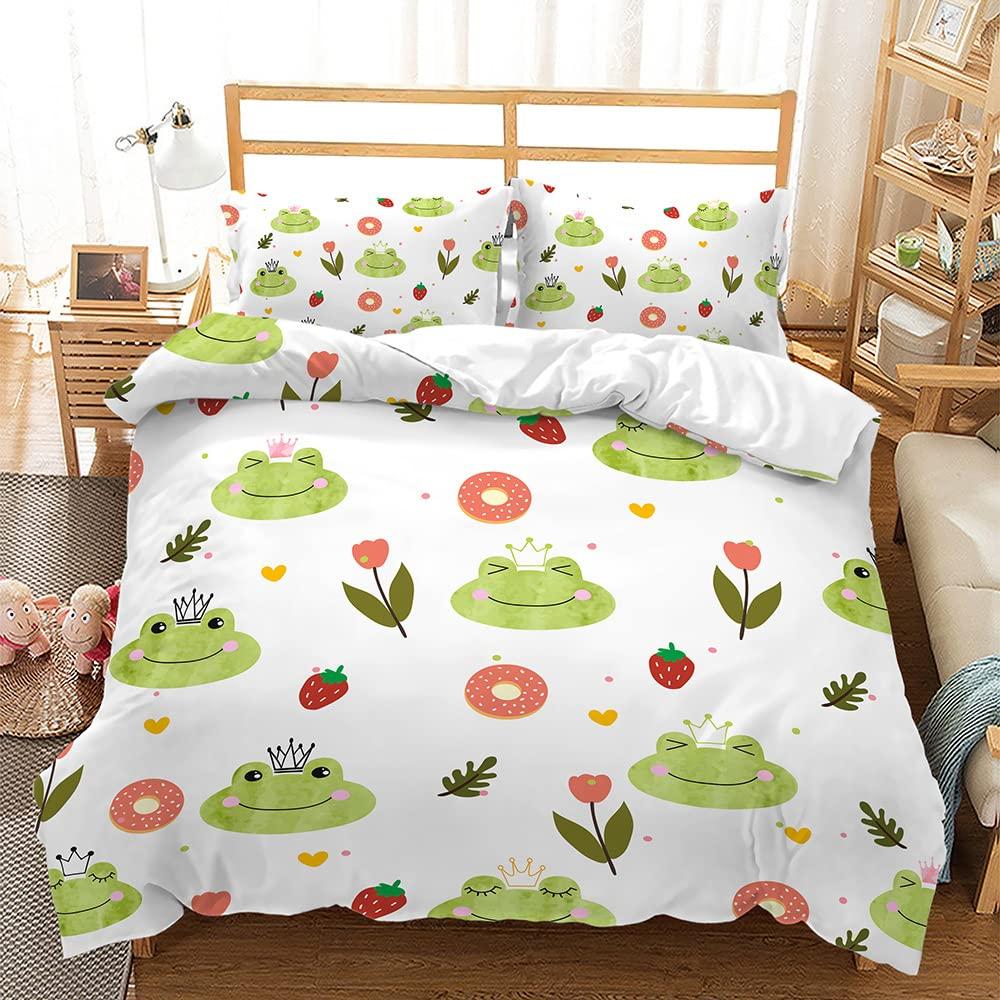 BIDY Kawaii Cartoon Frog Pattern Bedding Duvet Cover Set for Childern Twin Size Fish Cloud Music Note Print Comforter Cover Set Girls Boys Teens Bedroom Quilt Cover Set with 1Pillowcase