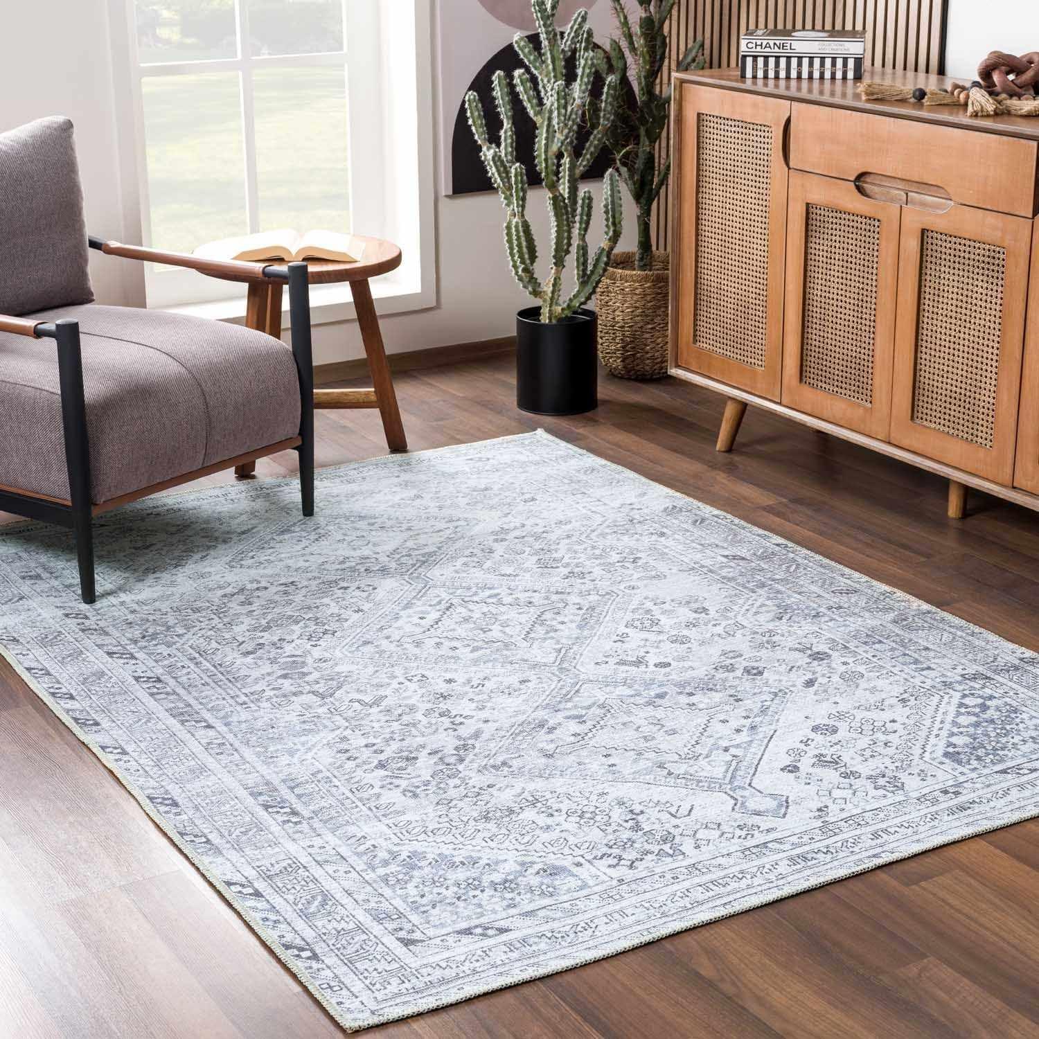 BoutiqueRugs BoutiqueRugs Barny Traditional Area Rug - Machine Washable - Off White, Denim, Charcoal - 6'7" x 9'
