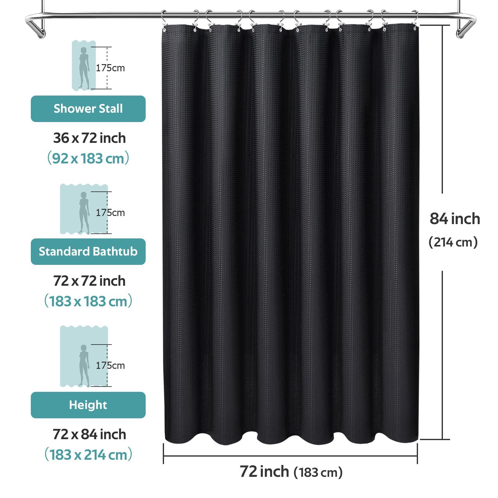 Vipfree Vipfree 3 in 1 Shower Curtain Set, Waffle Shower Curtain and Liner Set with 12 Double Sided Shower Curtain Hooks, 258GSM Luxury Weighted Cloth Shower Curtains for Bathroom, 72 W x 84 H, Black