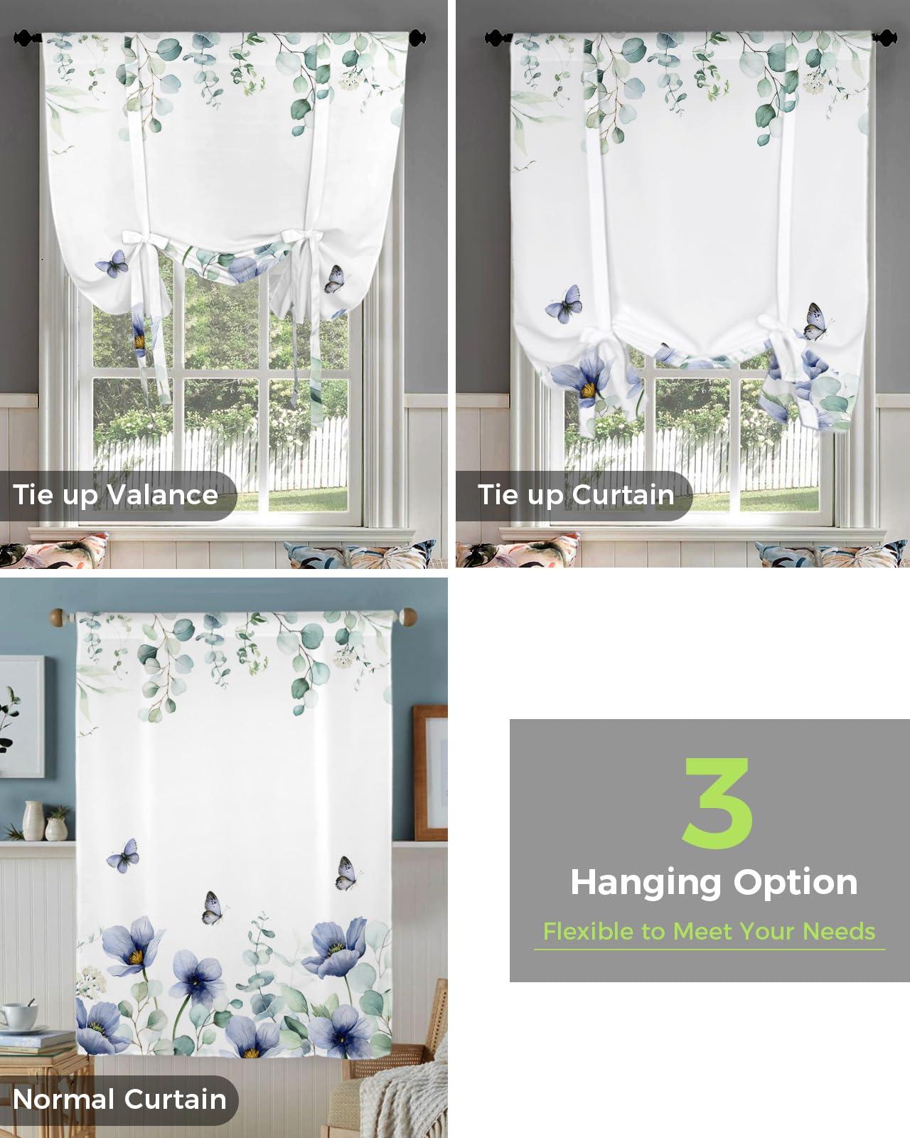 Yukro Yukro Tie Up Curtains Window Shades,Blue Tulip Flower Butterfly Eucalyptus Leaves White Background Rod Pocket Tie Up Window Shade,Adjustable Balloon Curtain Shade for Blinds Kitchen Bathroom,42"x45"
