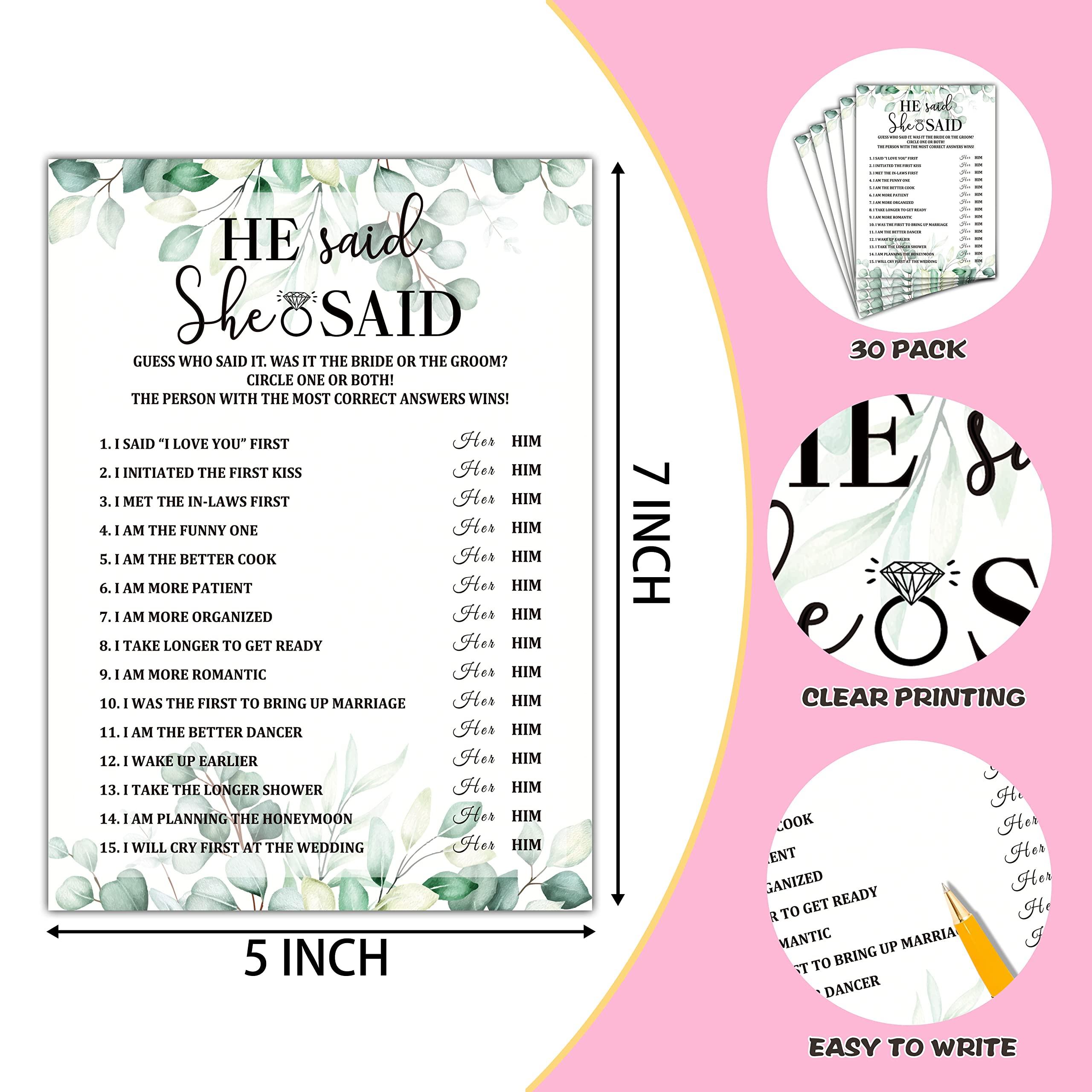 Gihyan Bridal Shower Game Set - He Said She Said Party Cards for Wedding - Greenery Wedding Party Favor Decor - Tropical Jungle Engagement/Bachelorette Party Games Supplies & Activities - 30 Game Cards(B01)