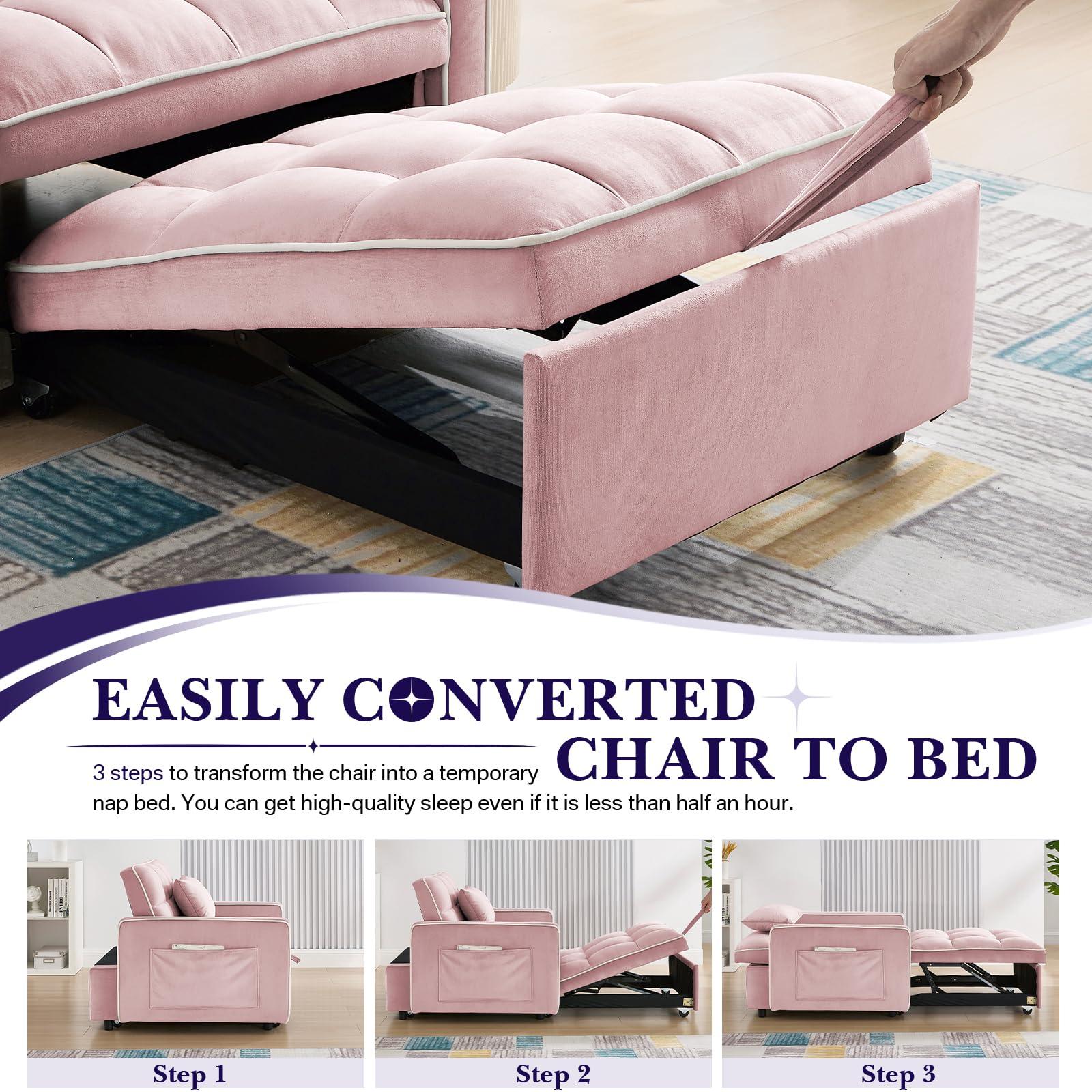 Antetek Convertible Sleeper Chair Bed, 3 in 1 Modern Velvet Pull Out Sofa Bed, Small Tufted Single Sleeper Chair with Adjustable Backrest/Pillow for Living Room, Small Spaces, Apartment, Office, Pink