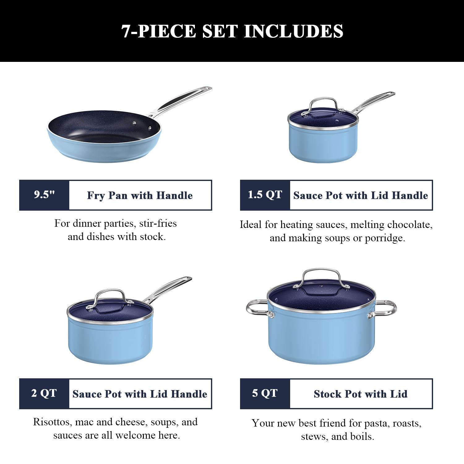 Nuwave Nuwave 7pc Cookware Set Healthy Duralon Blue Ceramic Nonstick Coated, Diamond Infused Scratch-Resistant, PFAS Free, Oven Safe, Induction Ready & Evenly Heats, Tempered Glass Lids & Stay-Cool Handle