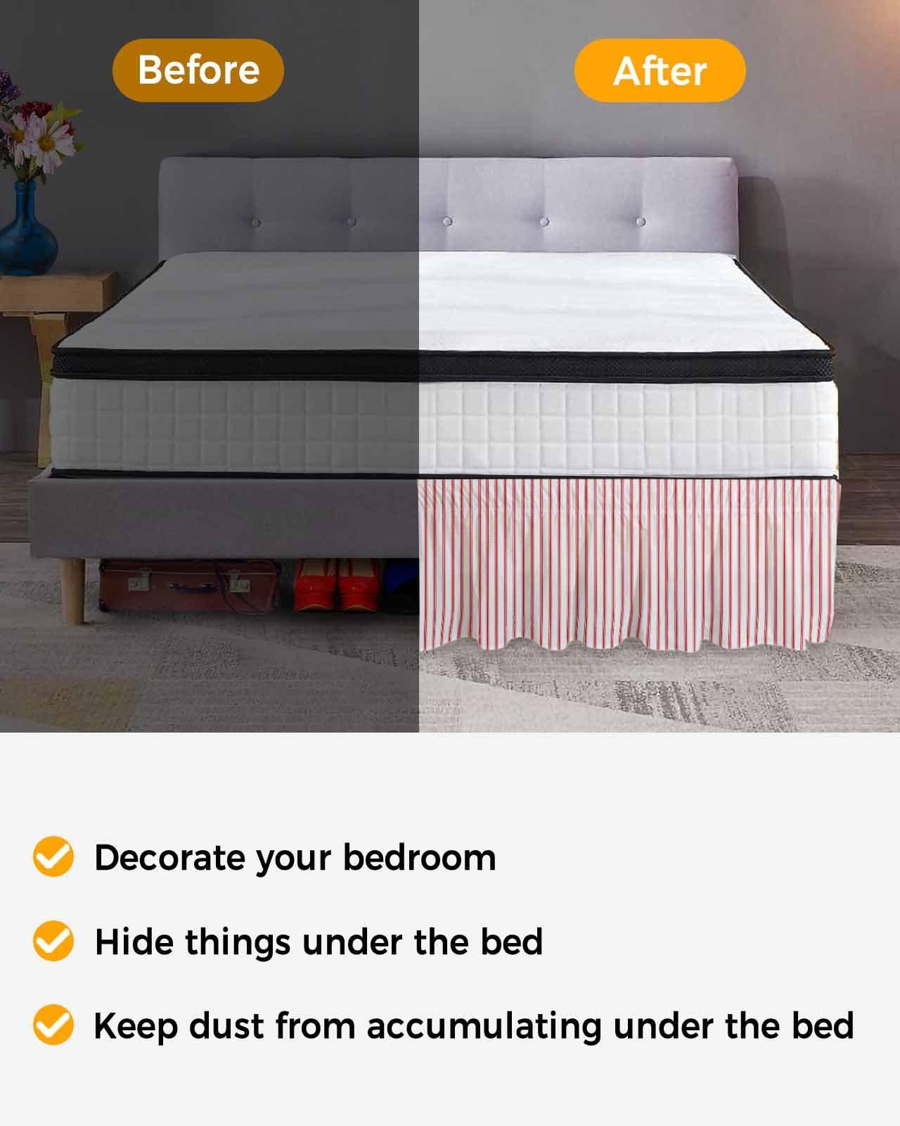 RisQiten RisQiten Red Striped Bed Skirt Queen Size 16 Inch Drop, Adjustable Elastic Bedskirt Dust Ruffle for Queen Bed, Red White Stripes Farmhouse Wrap Around Bed Skirts Luxurious Pleated Bed Frame Cover