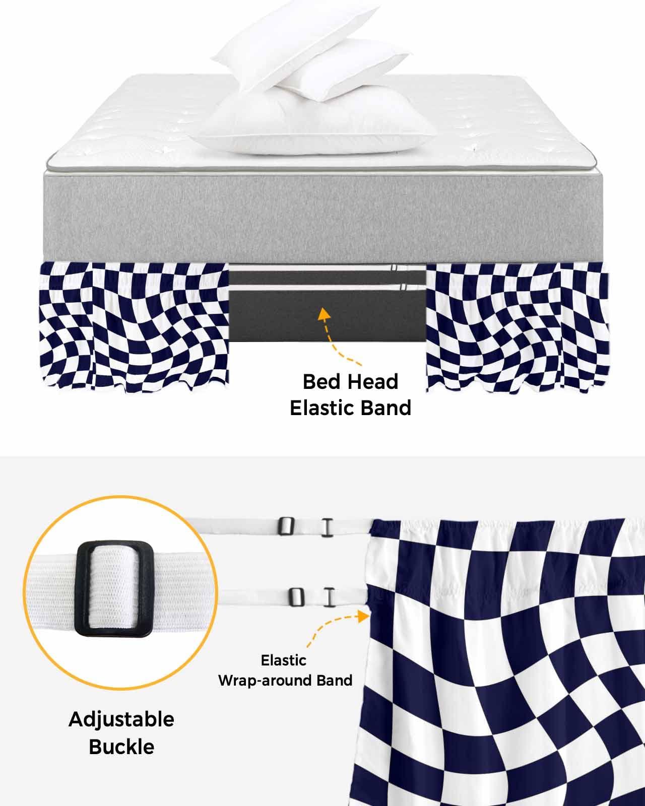 Sabolny Modern Black Bed Skirt King Size 18 Inch Drop, Adjustable & Elastic Wrap Around Bed Skirts Pleated Luxury Dust Ruffles for Twin Full Queen Cal King Base Bed, Geometric White Checkered Lattice