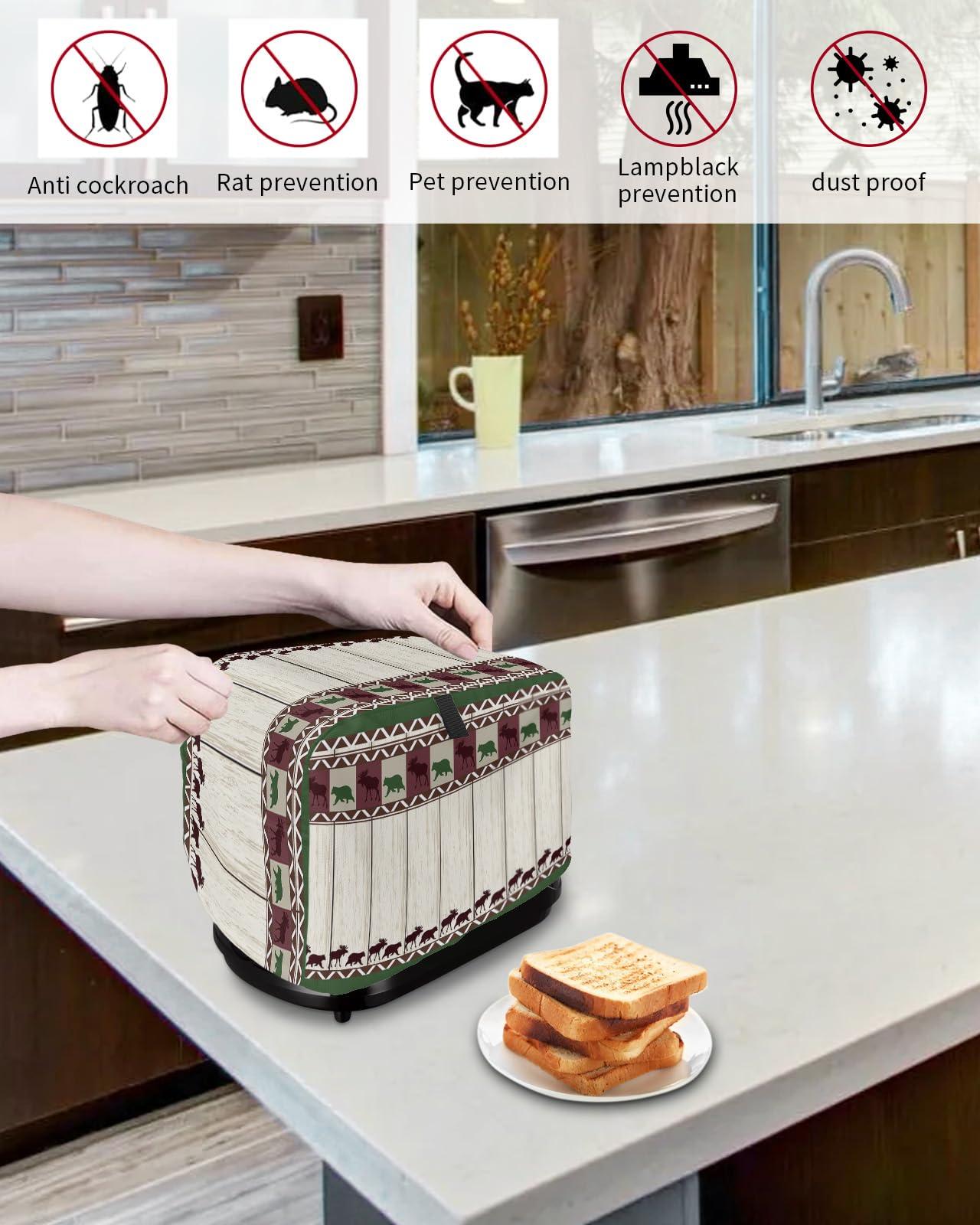 OComster Bear Moose Toaster Cover 4 Slice, Kitchen Small Appliance Covers Bakeware Protector, Rustic Farmhouse Wood Washable Oven Dustproof Cover for Women Gift