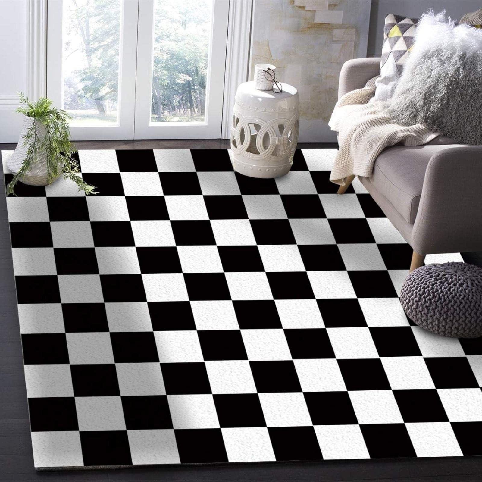 ELLECO Black and White Grid Area Rug, Checkered Flag Racing Rugs Floor Carpet, Indoor Non-Slip Rug for Room Sofa Living Room Mat Bedroom Home Decor Floor Mats 6.6ftx5.3ft