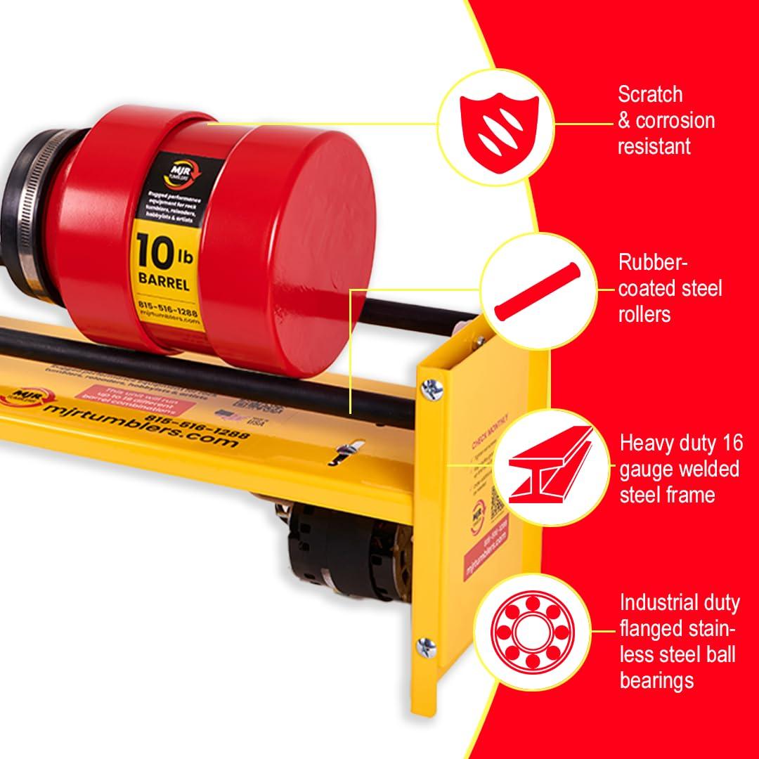 MJR Tumblers MJR Tumblers Commercial Duty 10lb Rock Tumbler. Capable of Running 4 Different Barrel Sizes & Combinations. Unmatched Quality, Durability & Versatility. MJR is a USA Disabled & Veteran Owned Company.