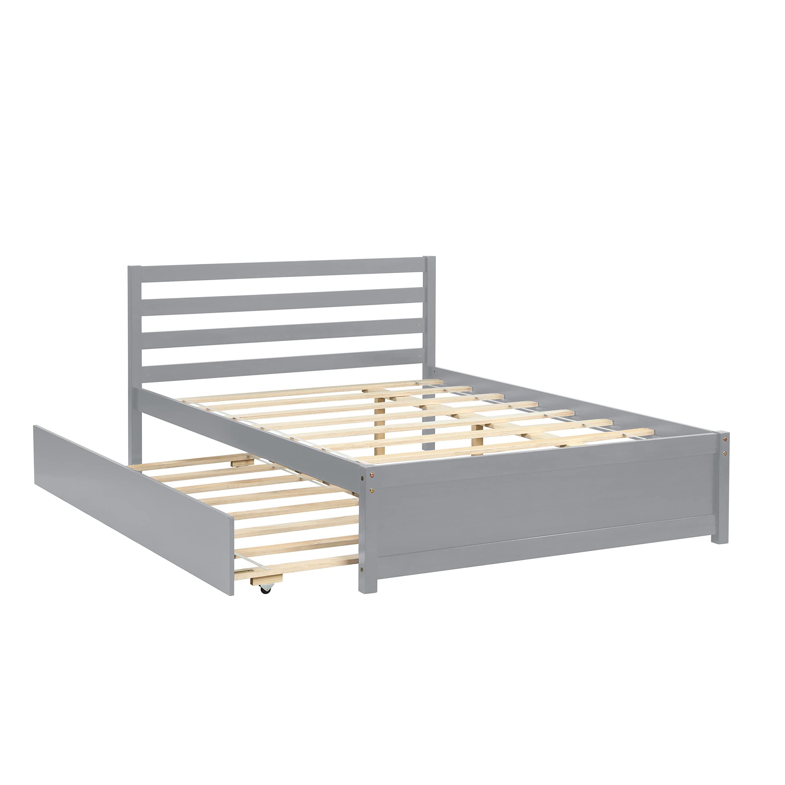 HomSof HomSof Full Size Wood Platform Bed Frame with Headboard and Twin Trundle,Grey