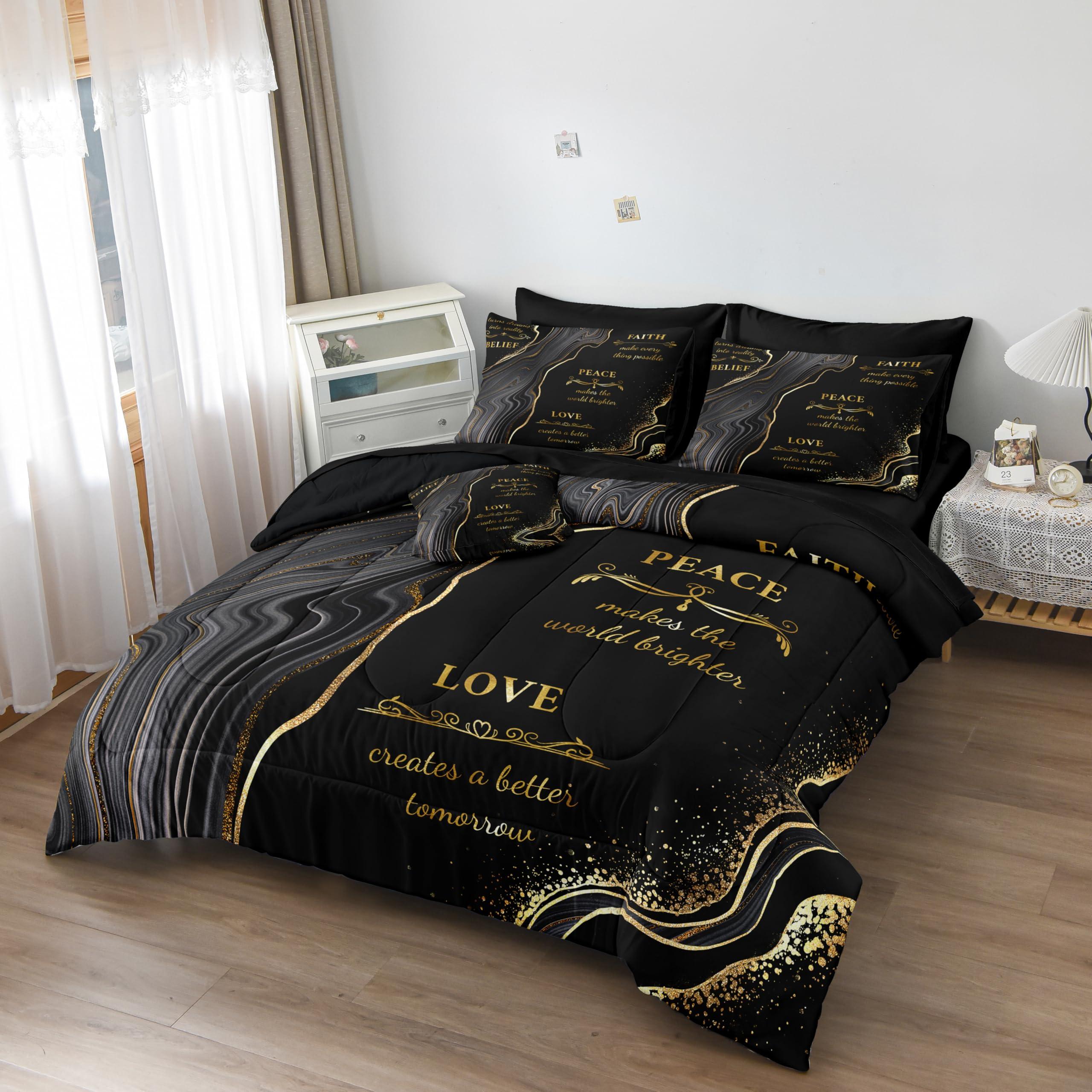 Herside Herside Marble Queen Comforter Set with Sheets,8 Pieces Black and Gold Queen Bed in a Bag Set,Inspirational Positive Energy Words Quilt Set,Modern Marble Texture Luxury Bedding Set for All Seasons