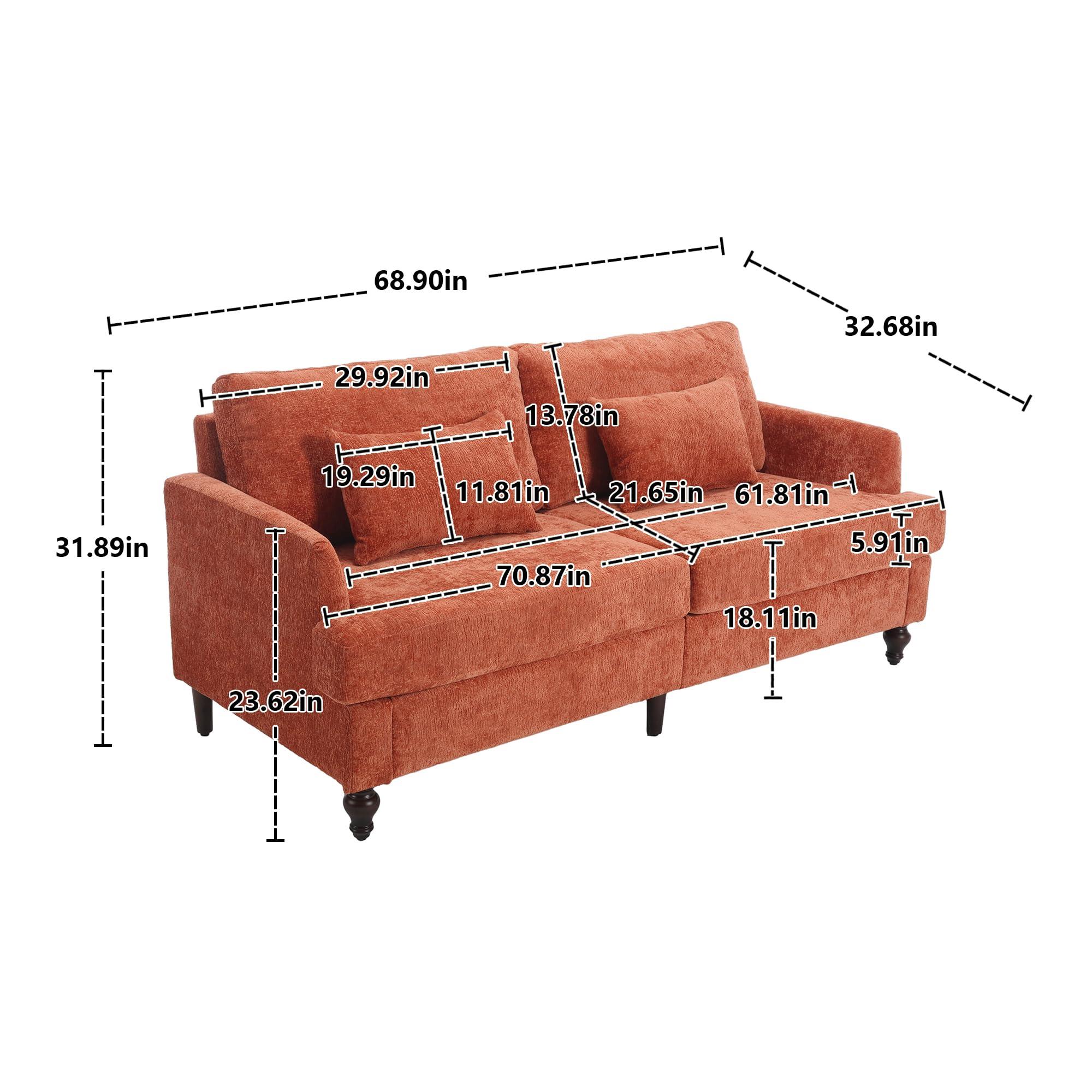 LIANGFU 68.9" Mid Century Modern Sofa, Loveseat Sofa, Chenille Upholstered Sofa, Two Seater Couch, Mini Cloud Couch, Comfy Couches for Living Room, Lounge Sofa with Brown Wood Feet for Bedroom (Dark Orange)