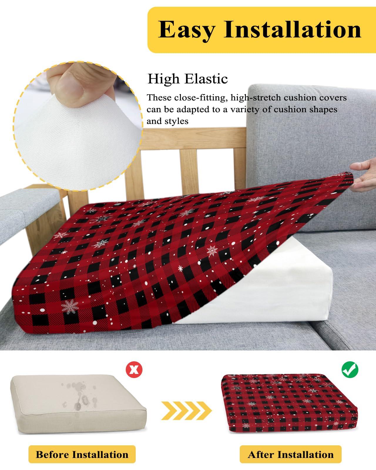 AMZRicher Buffalo Plaid Sofa Couch Cushion Covers Washable, Red Black Christmas Winter Snowflake Removable Stretchable Sectional Couch Covers Slipcovers for L & T Shape Sofa Furniture Protector M Size 1 pc