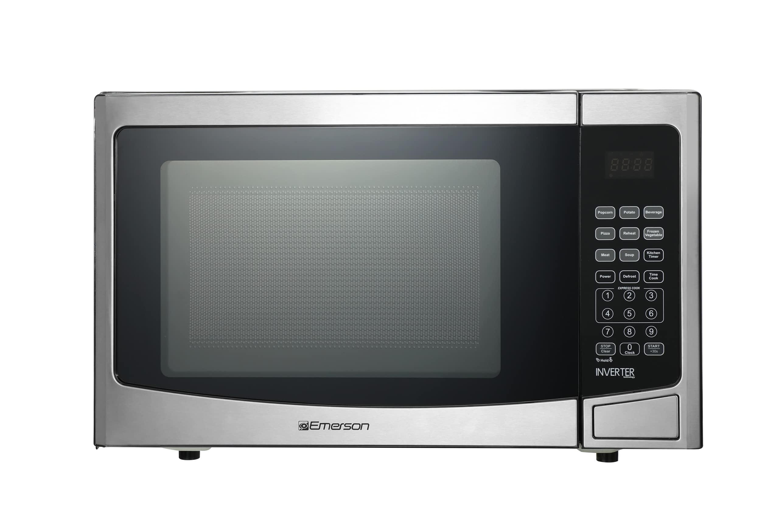 Emerson Emerson MWI1212SS Countertop Microwave Oven with Inverter and Button Control, LED Display 1000W 10 Power Levels, 8 Auto Menus, Glass Turntable and Child Safe Lock, 1.2 Cu. Ft, Stainless Steel