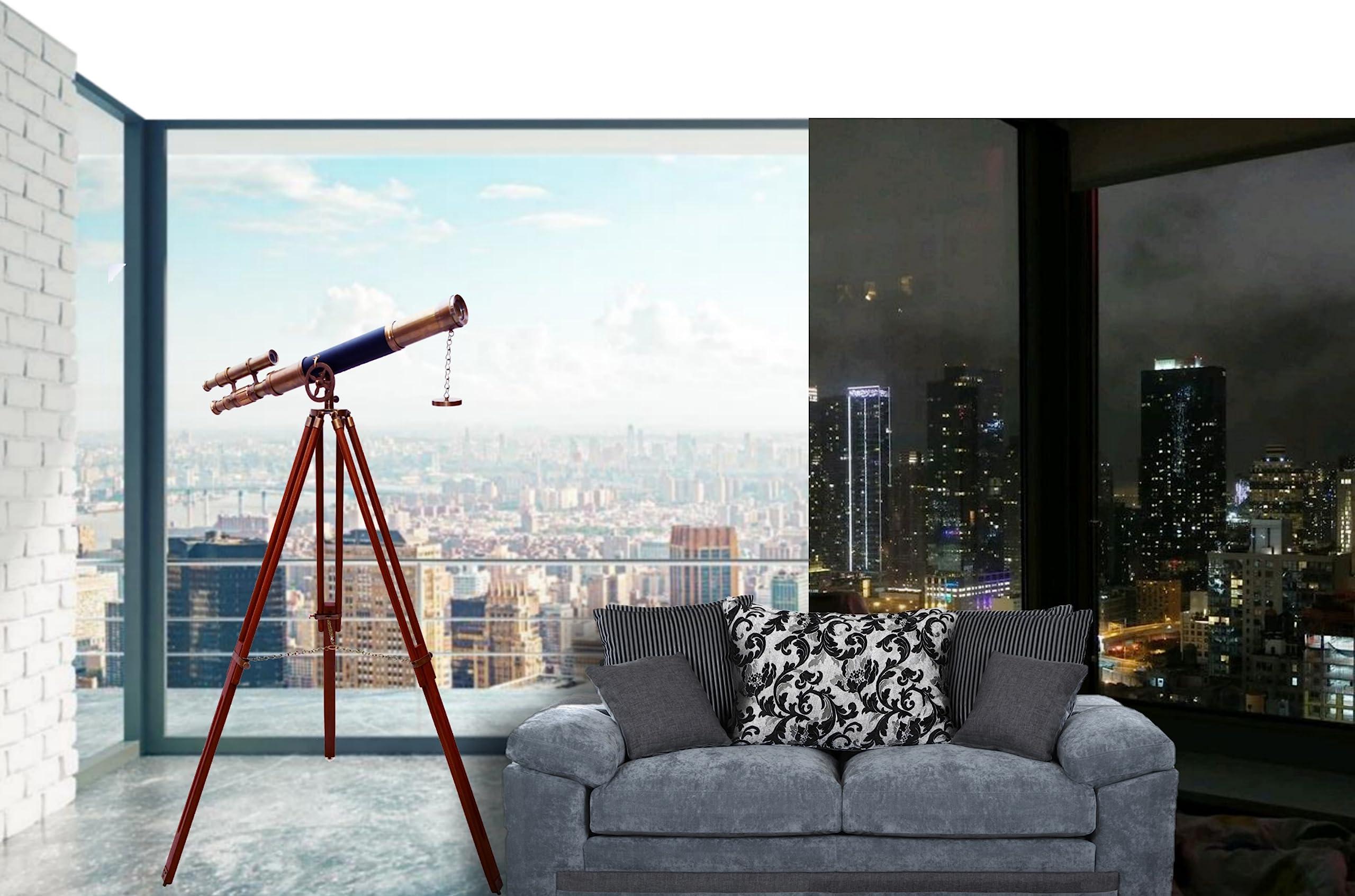 NAVIROCK Nautical Marine Designer Brass Telescope Antique Finish Double Barrel Black Leather Coverd Tube W/Wooden Brown Tripod Floor Standing Royal Handmade Authentic Telescopic - Navirock