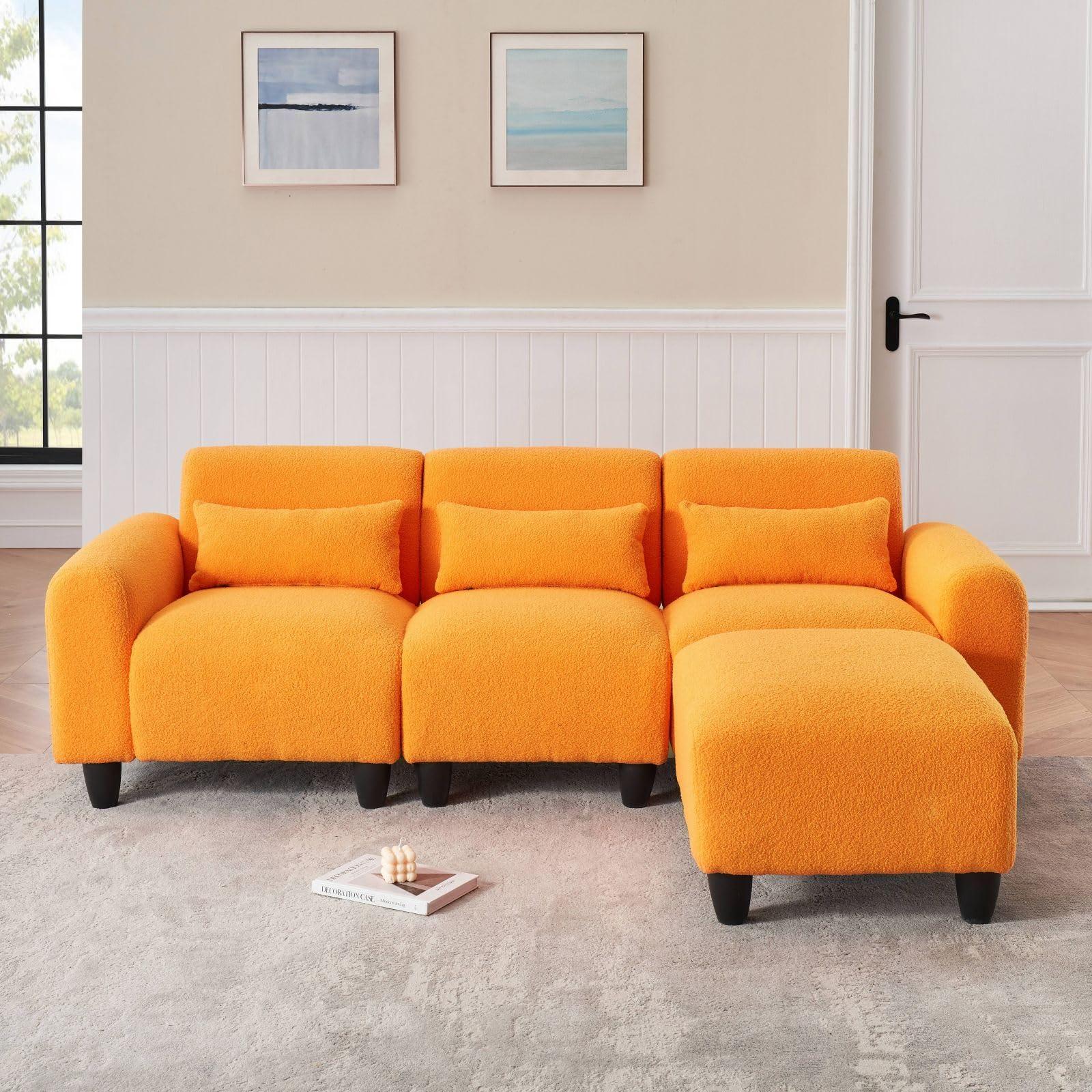 KEVINSPACE KEVINSPACE 84.6" Convertible Sectional Sofa Couch 3-Seat Couch with Convertible Ottoman 3 Pillows Teddy Fabric L-Shape Sofa Indoor Furniture Small Couch for Living Room Apartment Office Orange