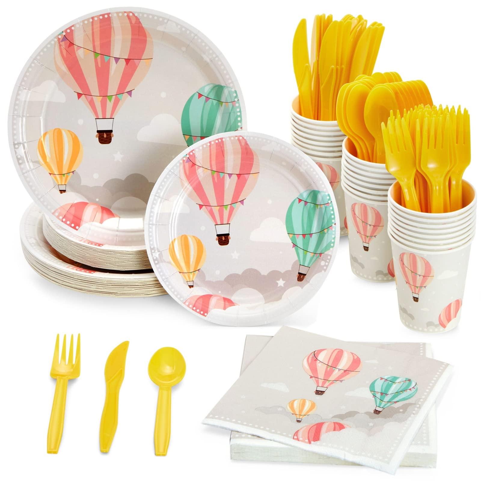 Sparkle and Bash Sparkle and Bash 168-Piece Hot Air Balloon Party Decorations for Baby Shower, Birthday Party, Disposable Dinnerware Set with Paper Plates, Plastic Cutlery, Cups, and Napkins (Serves 24)