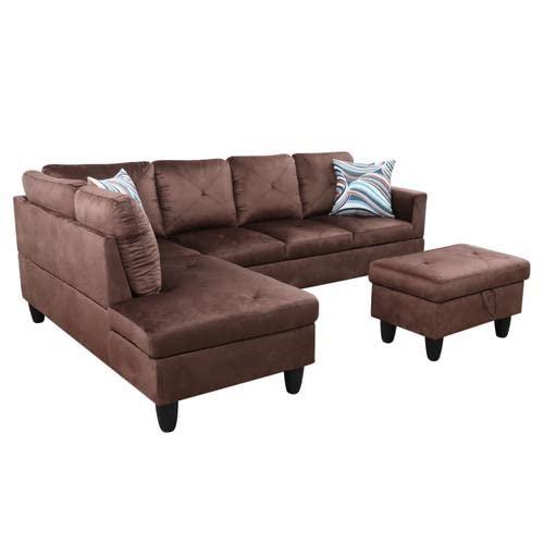 Ocstta Ocstta Microfiber Fabric Sectional Couch Set, Fabric L Shaped Couches for Living Room,Sectional Sofa Set with Storage Ottoman Apply to Apartment and Home (Sectional Couch+Ottoman) Brown