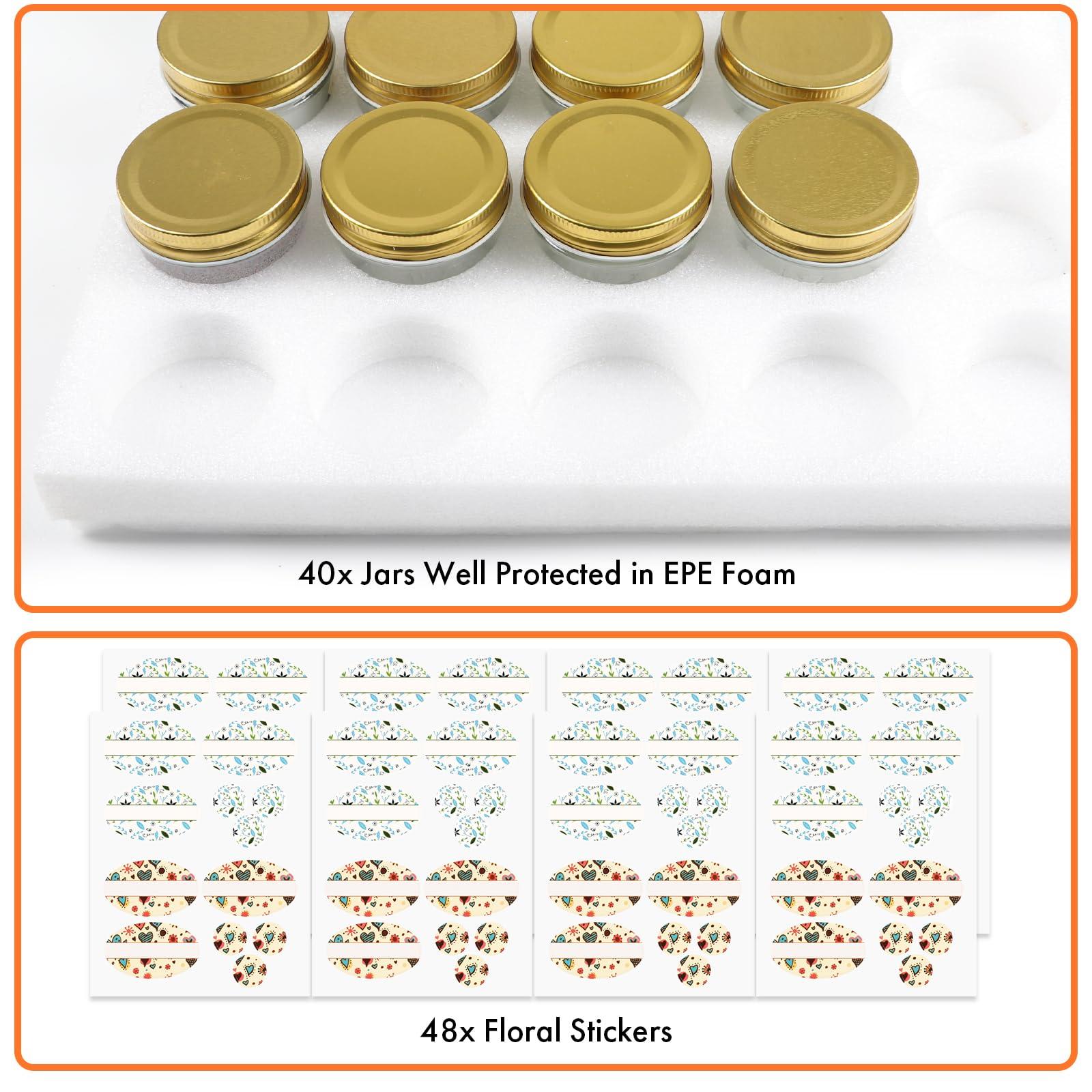 Jaisie.W Jaisie.W 4 oz Mason Jars with Lids 40Pack, Glass Small Mason Jars 4 oz- Mini Mason Jars with Lids&Stickers for Food Storage, Candle Making, Pantry Organizers and Storage (Gold Lids)