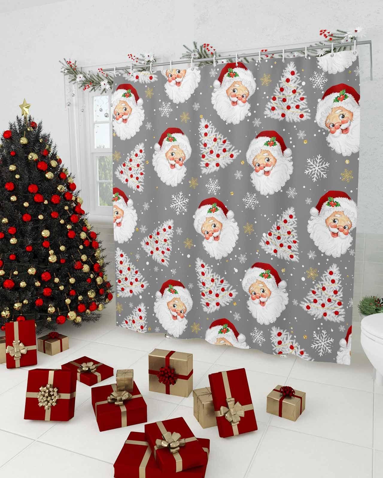 Vandarllin Grey Christmas Shower Curtain, Santa Claus Merry Christmas Tree Shower Curtains Set with Hooks, Winter Snowflake Waterproof Fabric Bathroom Curtains Decor Home Accessories,72 X 84 Inch Extra Long