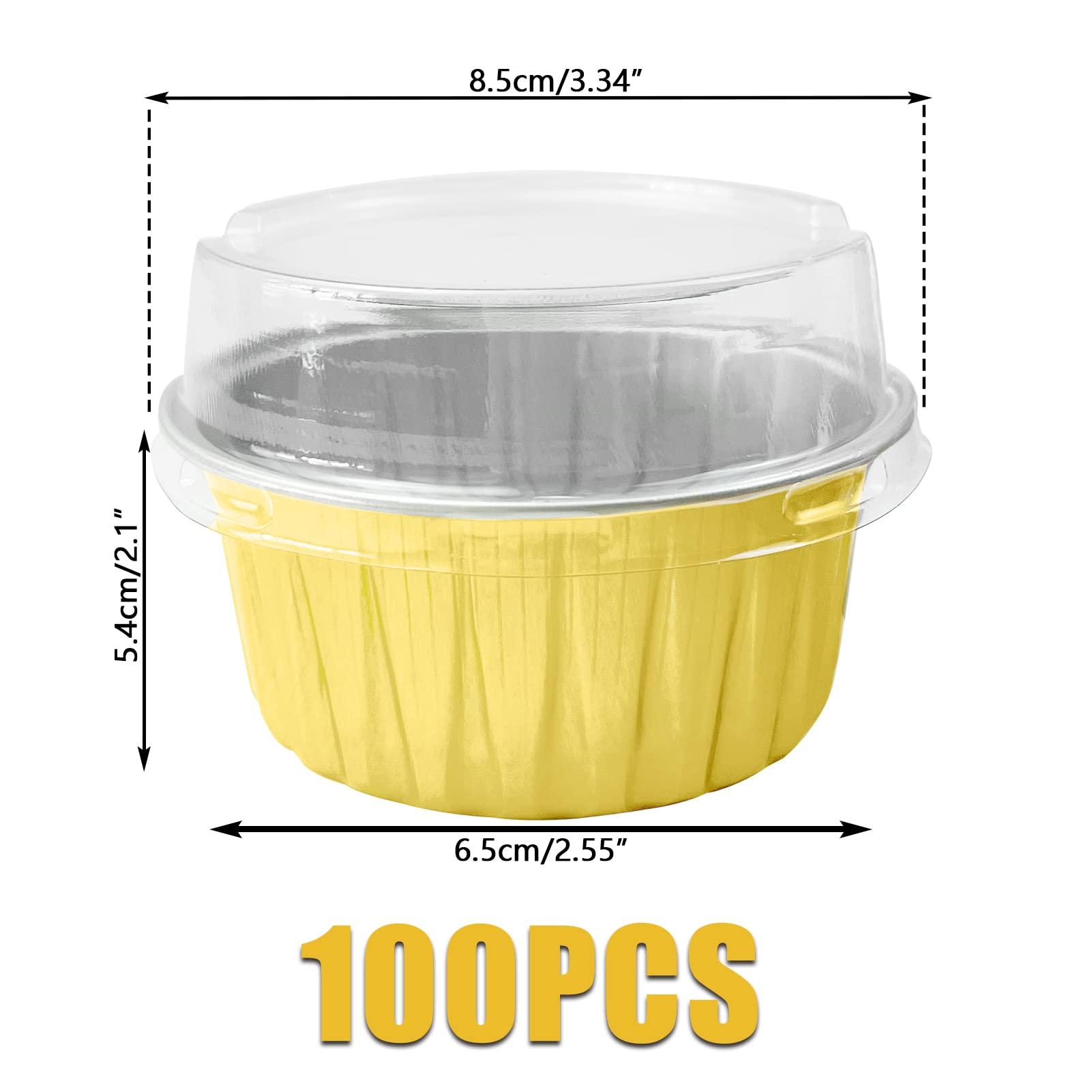 Augoog 100Pcs Aluminum Cups with Lids,5oz Disposable Ramekin Baking Cups Muffin Liners Mini Pie Pans Foil Cupcake Containers for Christmas Party Wedding Party