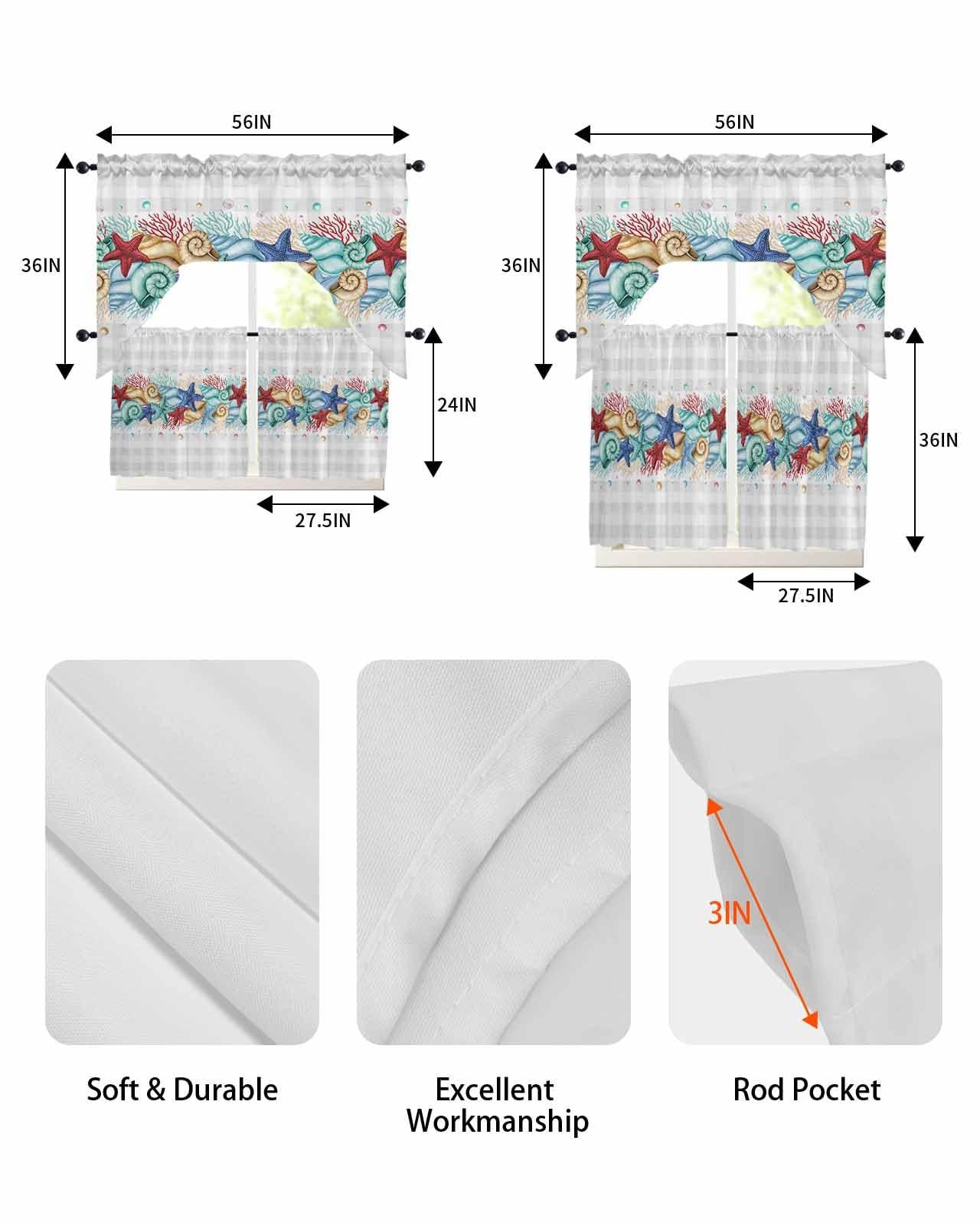 Onekaccu Coral Starfish Coastal Swag Curtains Valance and Tier Set, Rod Pocket 3 Piece Kitchen Curtains Over Sink Summer Beach Ocean Plaid Gray Swag Valances and Tier Curtains for Bedroom Bathroom 36 inches