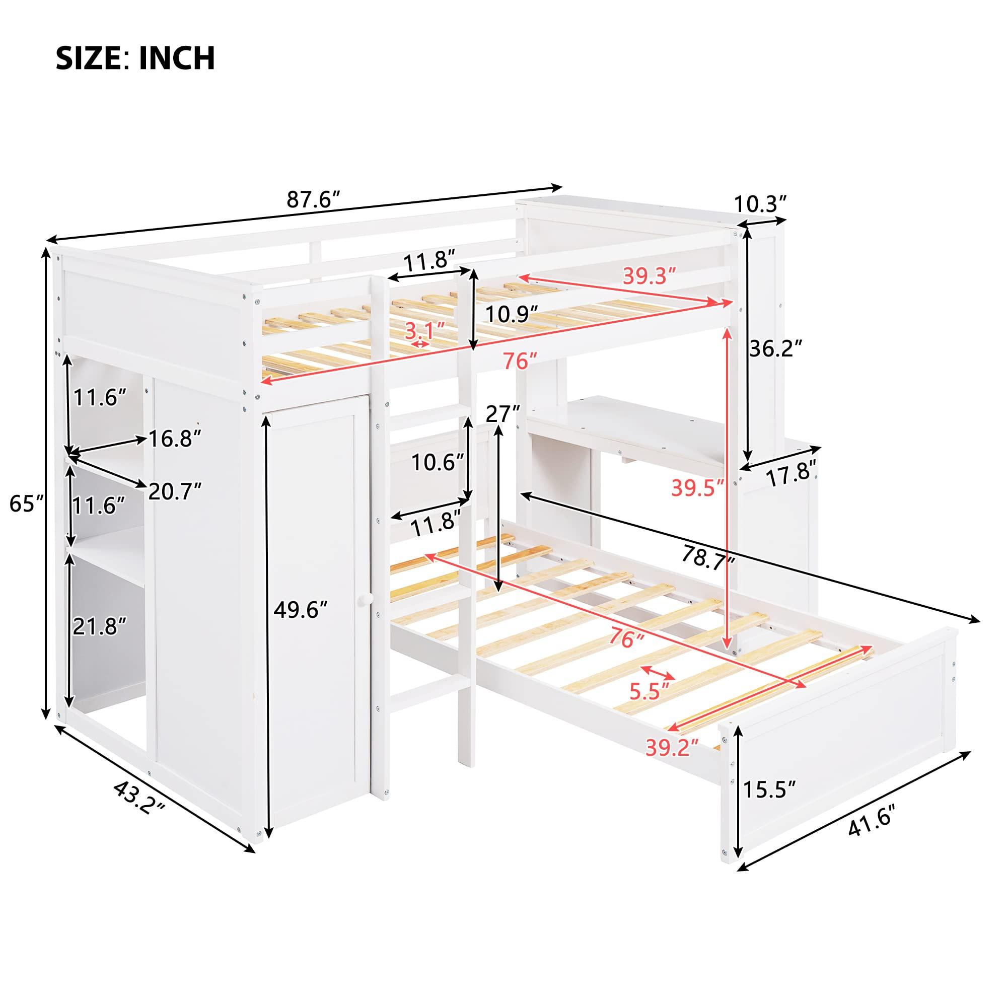 TRIPLE TREE Loft Bed Twin Size, Wood Loft Bed Frame with a Stand-Alone Bedframe, Shelves, Desk and Wardrobe for Teens, Girls and Boys, Save Space Bunk Bed, 2 Beds in 1 Multifunctional Bed Frame, White