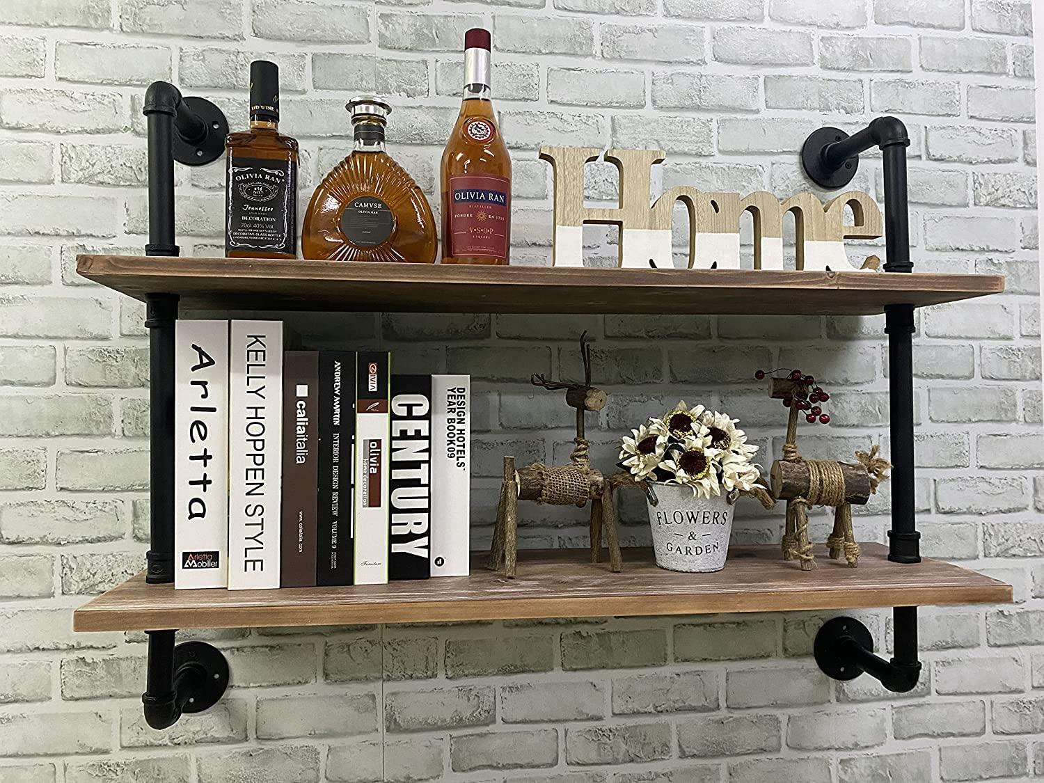 HDDFER Pipe Shelves Industrial Pipe Shelving Shelves Real wood Industrial Floating Pipe Shelves with Wood planks 36 inch Industrial Wall Shelves Rustic Hanging Bookshelf Farmhouse Kitchen Bar Shelving HDDFER
