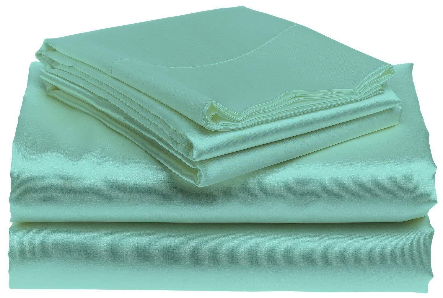 safhome safhome King 100% Pure Silk Satin Sheet Set 4pcs Silk Flat Sheet Silk Fitted Sheet 15\" Deep Pocket Mattress fit,& Pillowcases Cool Aqua Blue Silk Sheets|Wrinkle Free Fade Resistant