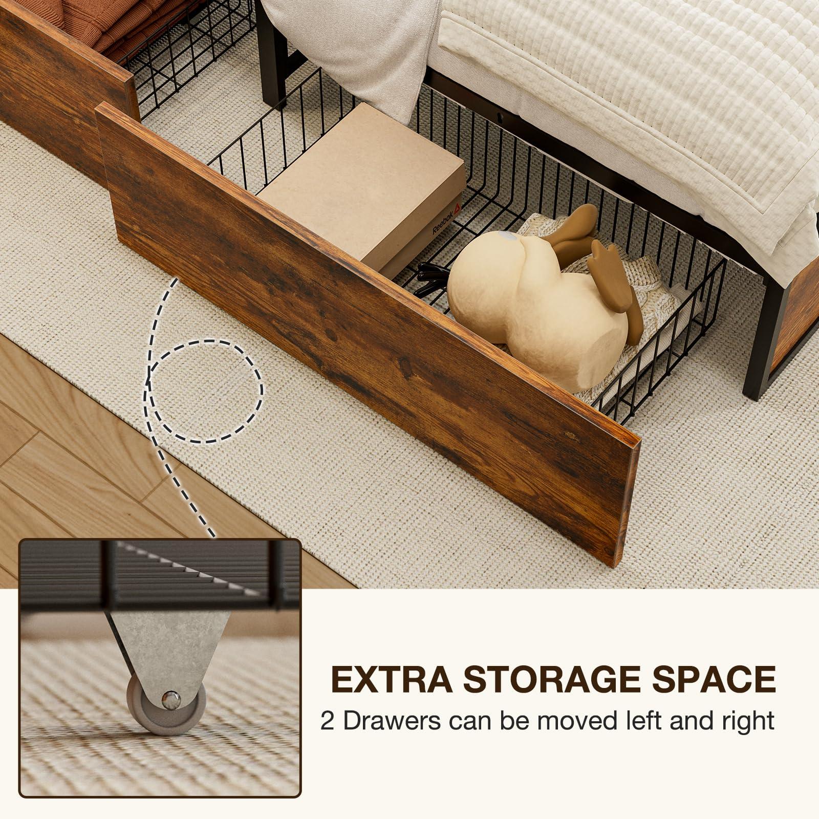 GAZHOME GAZHOME Twin XL Bed Frame with 2 XL Storage Drawers, Metal Platform Bed Frame with Footboard, 9 Strong Metal Slat Support/No Box Spring Needed/Easy Assembly/Space Saving Wood